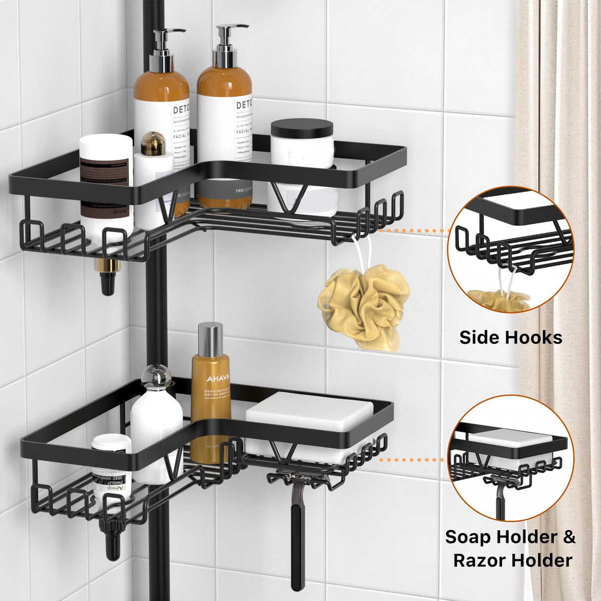 KEGII Corner Shower Caddy Tension Pole - Shower Tension Rod Organizer, Floor to Ceiling Shower Caddy 25-114.2 inch, Towel Rack Corner Waterproof, Black KEGII
