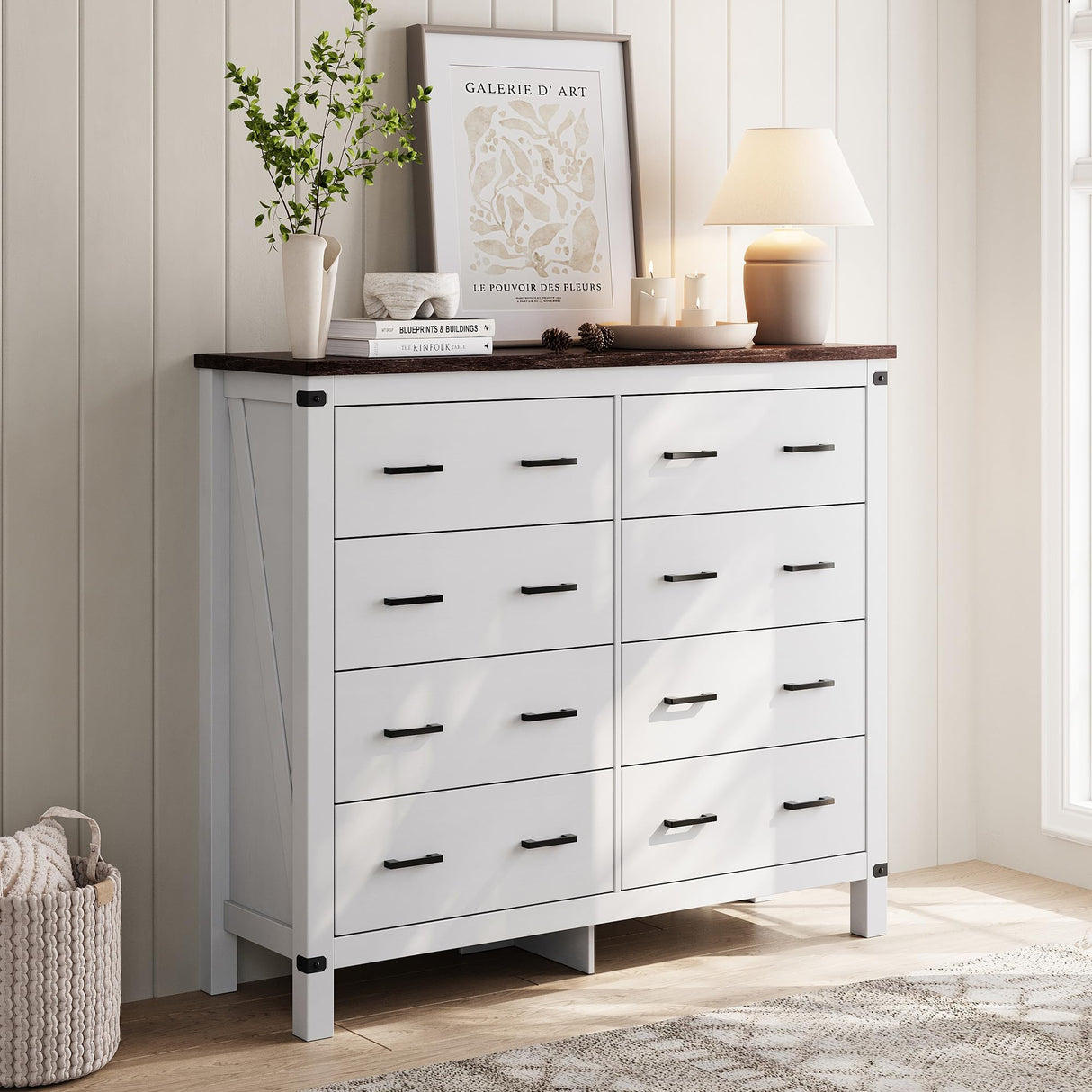 LINSY HOME Farmhouse 8 Drawer Double Dresser for Bedroom, 50” Wide Rustic Wood Chest with Deep Drawers, Modern Dressers with Storage and Metal Handles for Closet, Living Room, Hallway, Off White LINSY HOME