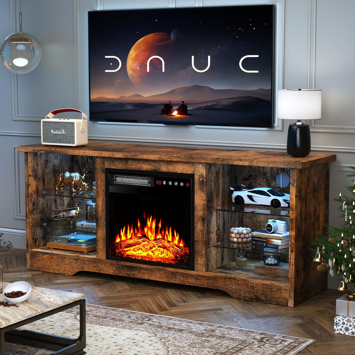 TAVATA Fireplace TV Stand with 18''Fireplace, Modern Entertainment Center for TVs up to 65 inch, Media TV Console with Adjustable Glass Shelves and Storage Cabinets(Brown) TAVATA