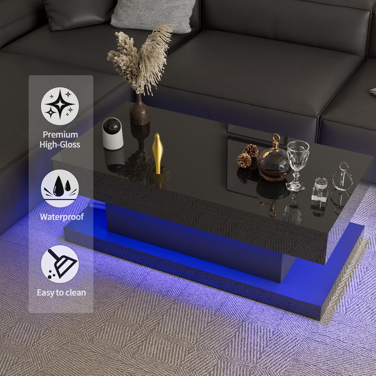 Black Coffee Table with LED Lights – 47.3" Modern Coffee Table with Hidden Storage & Sliding Top – Smart Living Room Table with High Gloss Finish GOFEI