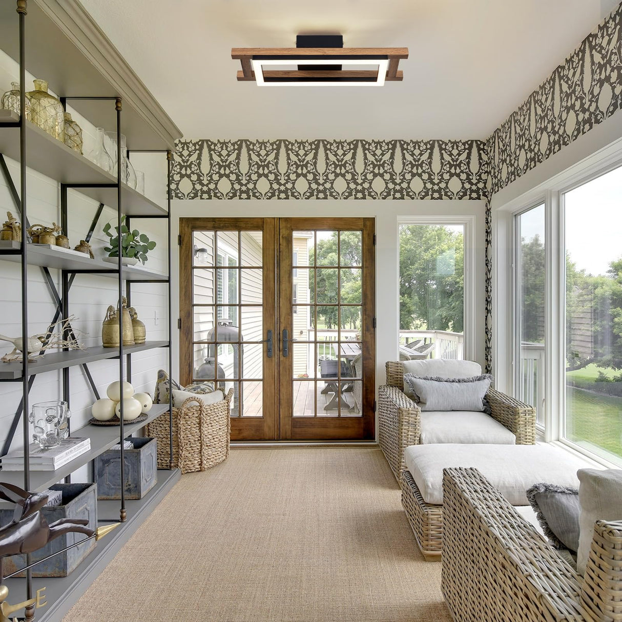 Lingkai LED Modern Ceiling Lights Wooden Square Rectangular Lamp Fixture Wood, 17.3in 12w Modern Kitchen Ceiling Lighting Fixtures 3000K for Island Bedroom Living Room Hallways Lingkai