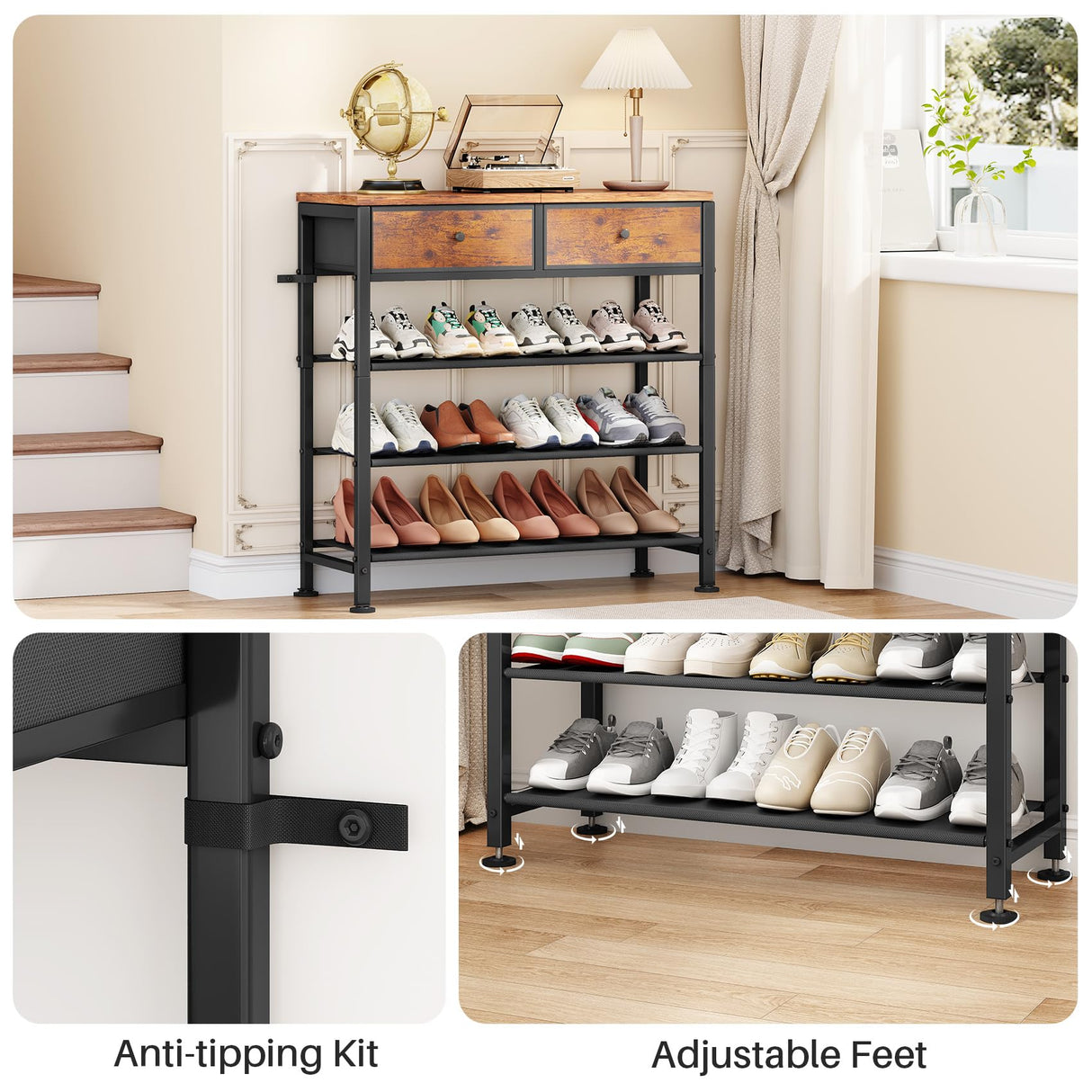 Kitstorack Shoe Rack, 4 Tier Shoe Organizer for 9-12 Pairs of Shoes, with 2 Drawers, 3 Fabric Shelves and Wooden Top, Shoe Rack for Closet Entryway, Rustic Brown Kitstorack