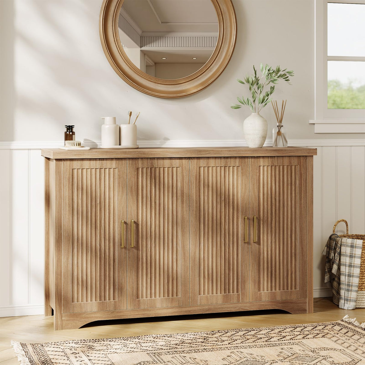 Memobarco Fluted Buffet Cabinet with Storage Accent Sideboard,Modern Credenza with 4 Doors & Adjustable Shelves,Wood Coffee Bar Table Console for Dining Room Kitchen Living Room Entryway,Natural Oak Memobarco