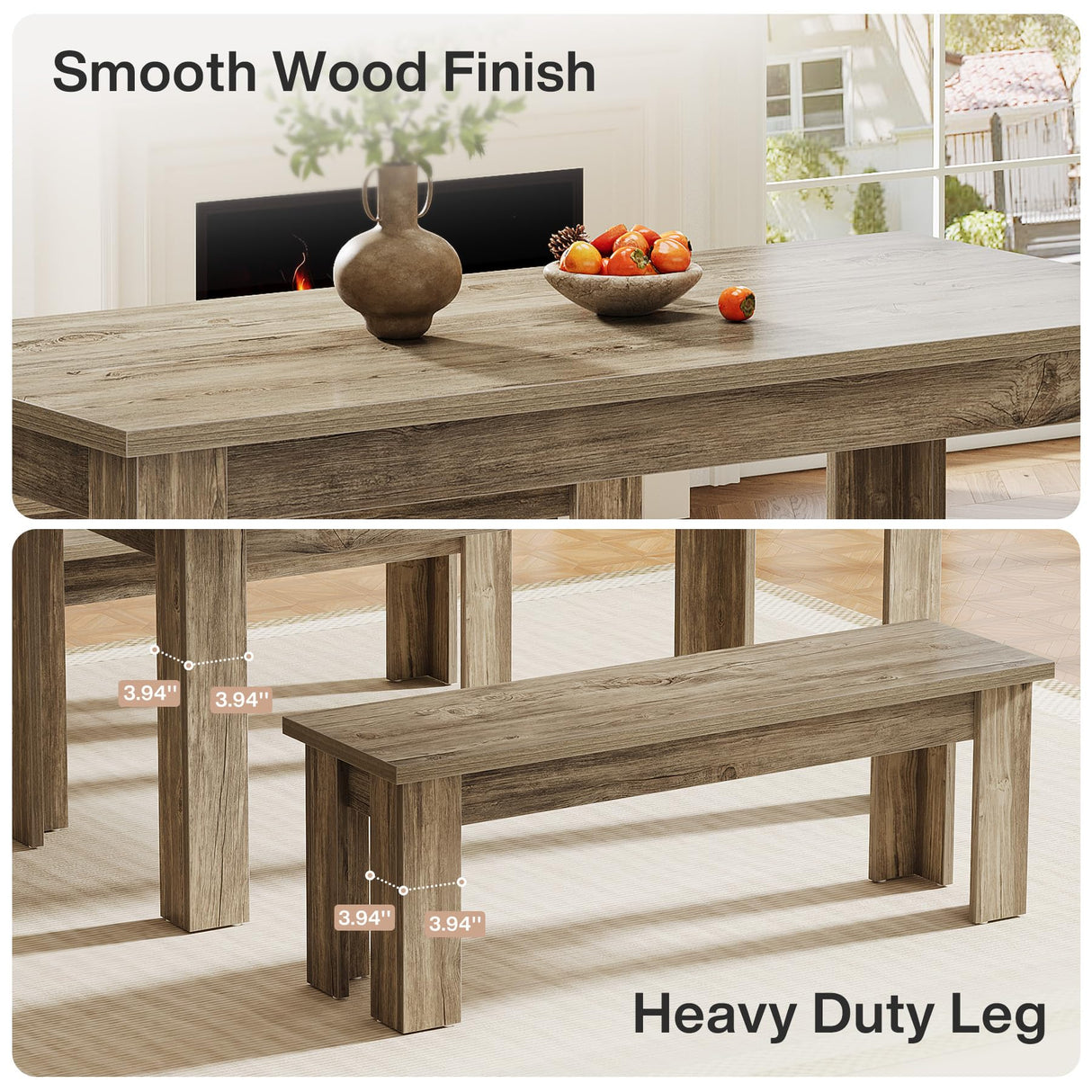 Tribesigns Dining Table Set for 6, 55.1-Inch Rectangle Kitchen Table with 2 Benches, 3-Piece Wooden Dining Room Table Set for Kitchen Tribesigns