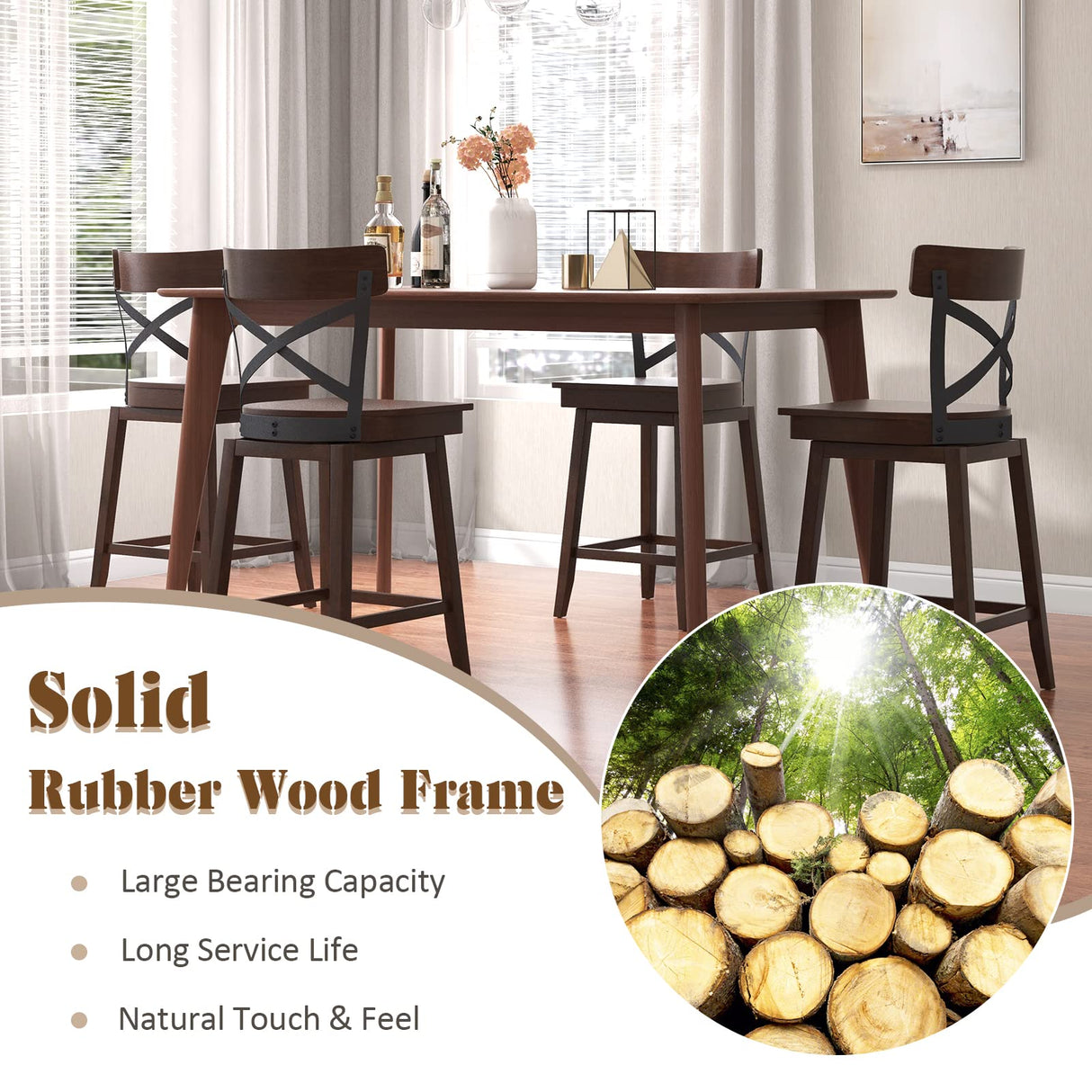 COSTWAY Swivel Bar Stool Set of 2, 24 Inch Ergonomic Counter Height Chairs with Open X Back & Footrest, 2PCS Vintage Wooden Barstools for Kitchen COSTWAY