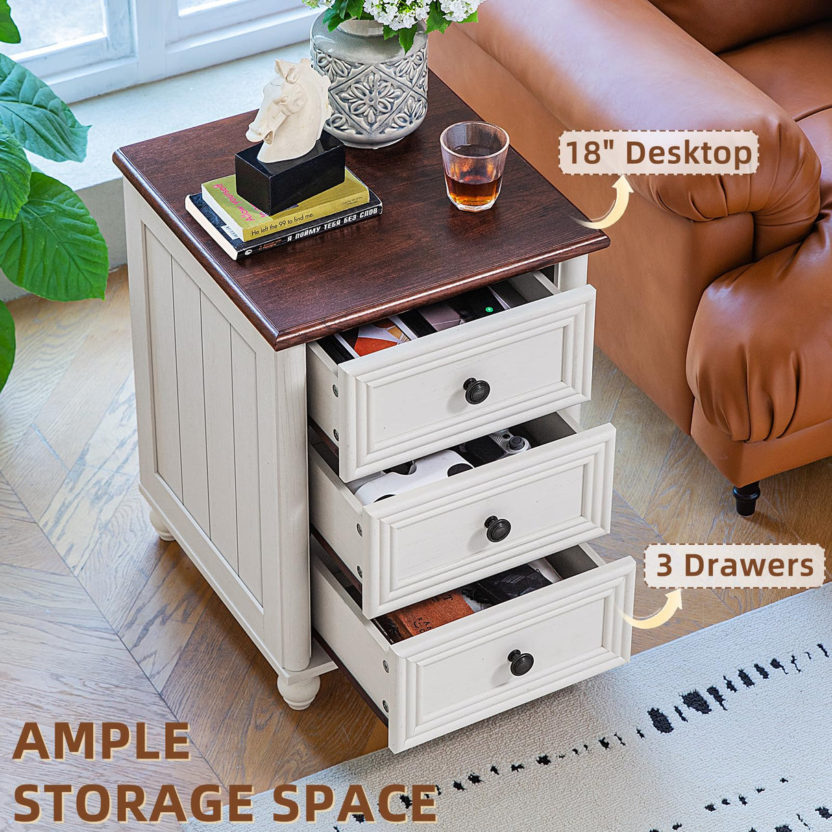 RWYHG 18" Farmhouse Night Stand, White Wood Nightstand with 3 Drawers, Bedside End Table with Storage and Roman Column, Bed Side Tables Cabinet for Bedroom, Living Room, and Closet RWYHG