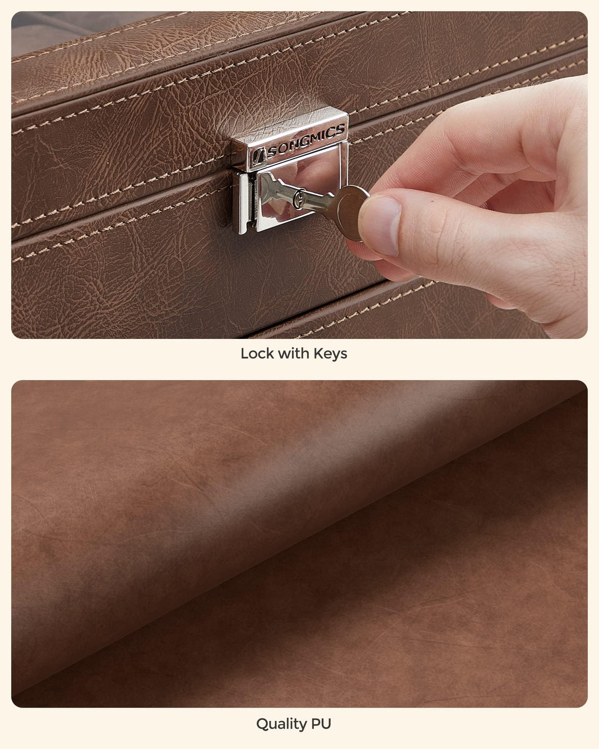 SONGMICS 12-Slot Watch Box, Lockable Watch Case with Glass Lid, 2 Layers, with 1 Drawer for Rings, Bracelets, Gift Idea, Brown Synthetic Leather, Brown Lining UJWB012K01 SONGMICS