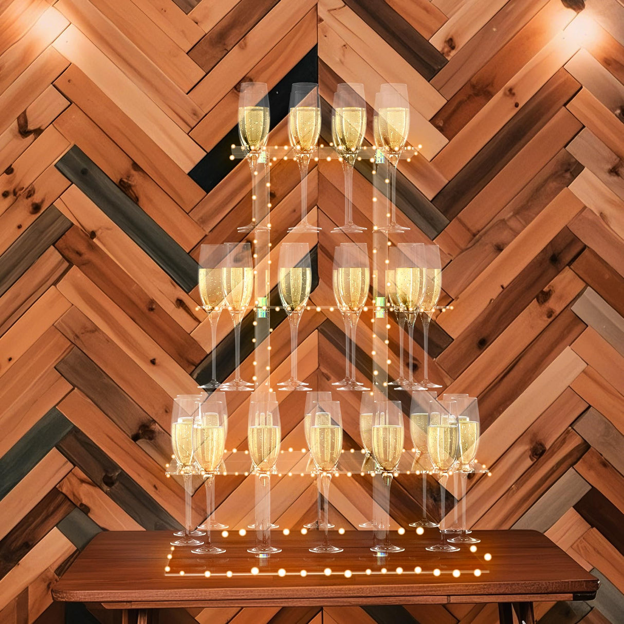 Champagne Display Holder Stand for Party, 3 Tier Clear Acrylic Wine Glass Stemware Rack Champagne Flute Holder with Led Light, Cocktail Tree Stand, 32 Slots, Measures 26" x 20" x 12" HeiMma