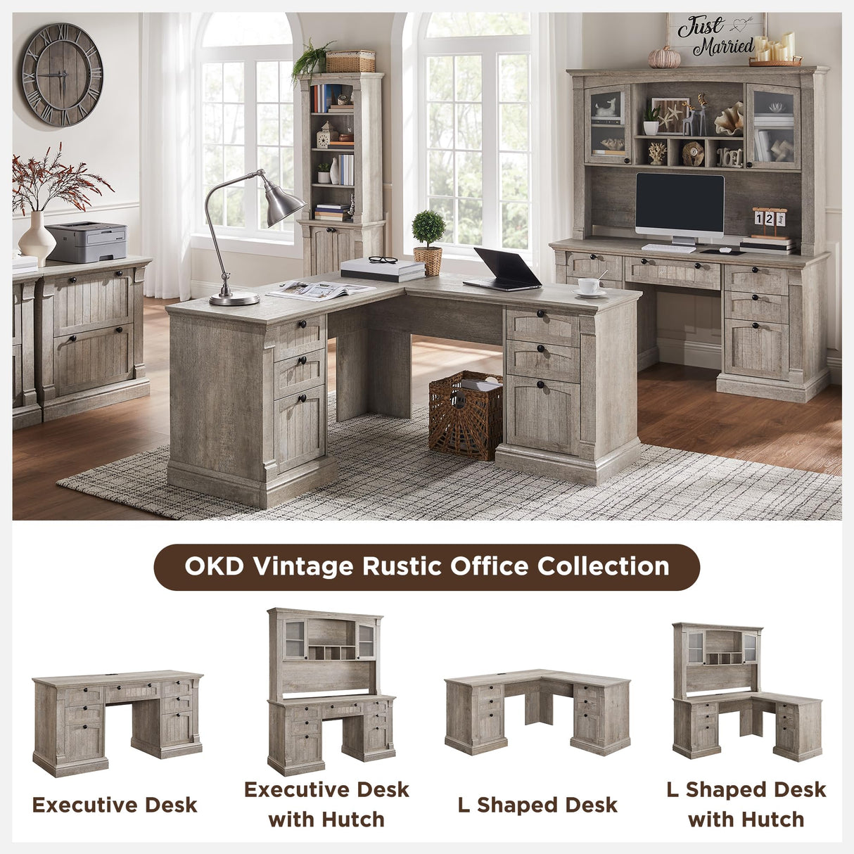 OKD 60" Executive Desk with Drawers, Farmhouse Home Office Desk with Charging Station, Keyboard Tray, File Cabinet Storage, Wood Computer Desk for Work and Study, Light Rustic Oak OKD