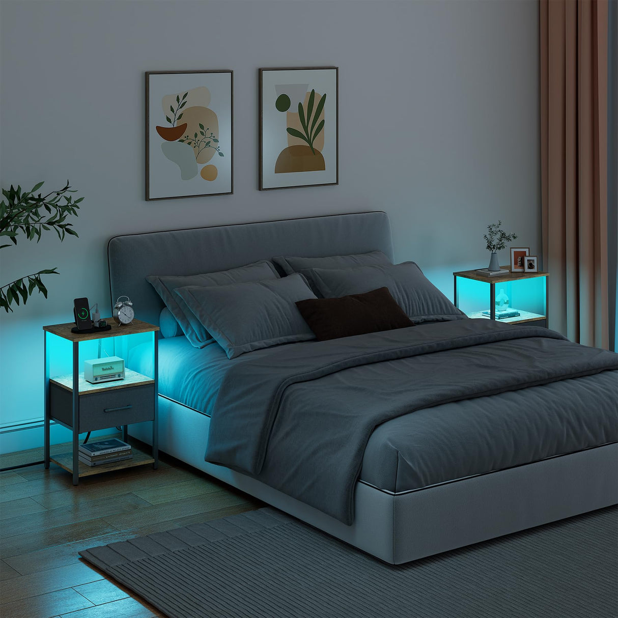 TUTOTAK LED End Table, Side Table with Charging Station, Nightstand Set of 2, Bedside Table with Fabric Drawer, Couch Table for Livingroom and Bedroom, Brown TB01BB0692L TUTOTAK