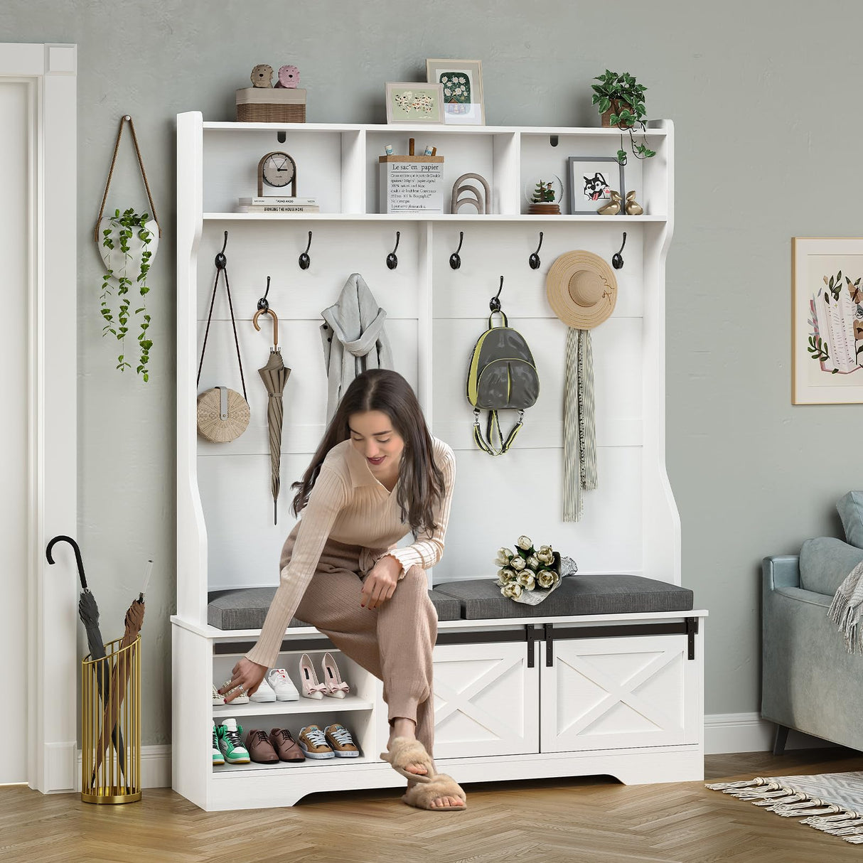 UPOSOJA Hall Tree with Bench and Shoe Storage, Entryway Bench with Coat Rack, Modern Farm House Barn Door 3-in-1 Hall Tree with Storage Cushioned Bench Stool and Hooks for Hallway, Living Room (60IN) UPOSOJA