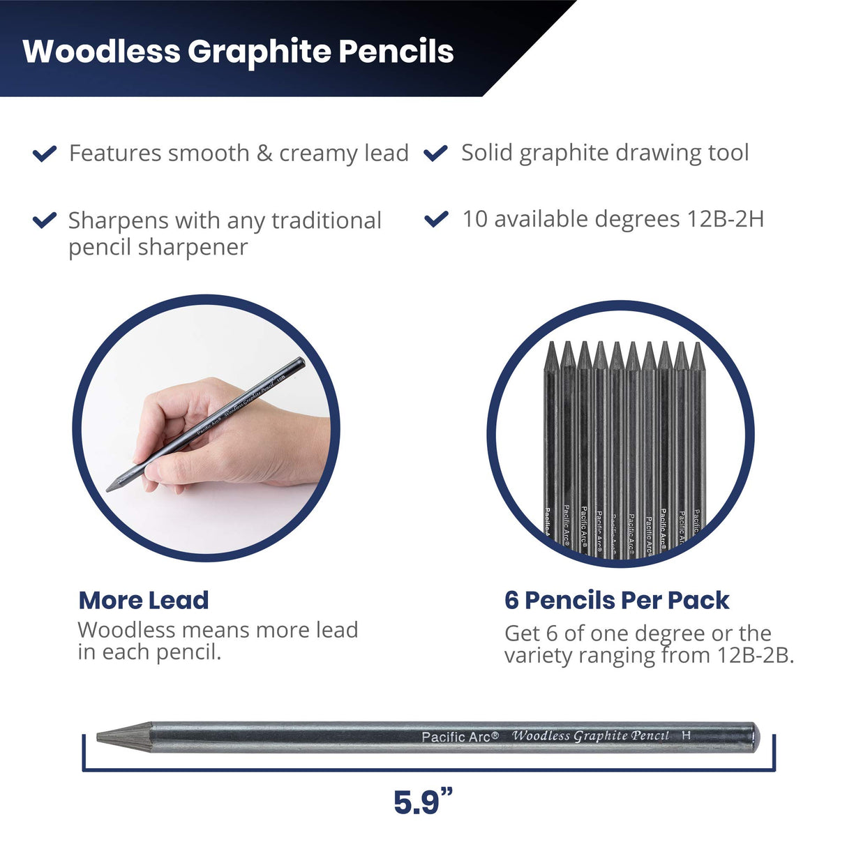 Pacific Arc Woodless Graphite Pencil 6 Pack Set, 12B, 10b, 8B, 6B, 4B, & 2B, for Sketching, Drawing, Coloring and Art Pacific Arc