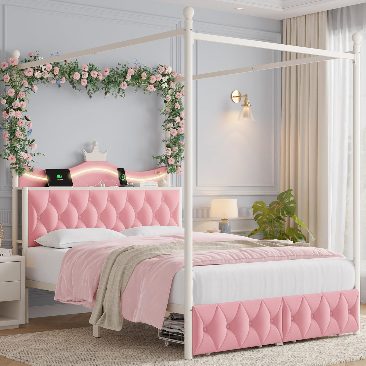Keyluv Full LED Canopy Bed Frame with Storage Drawers and Charging Station, Four Poster Bed Frame with Upholstered Button Tufted Crown Headboard, 2 in 1 Royal Princess Pink Bed with Removable Posts Keyluv