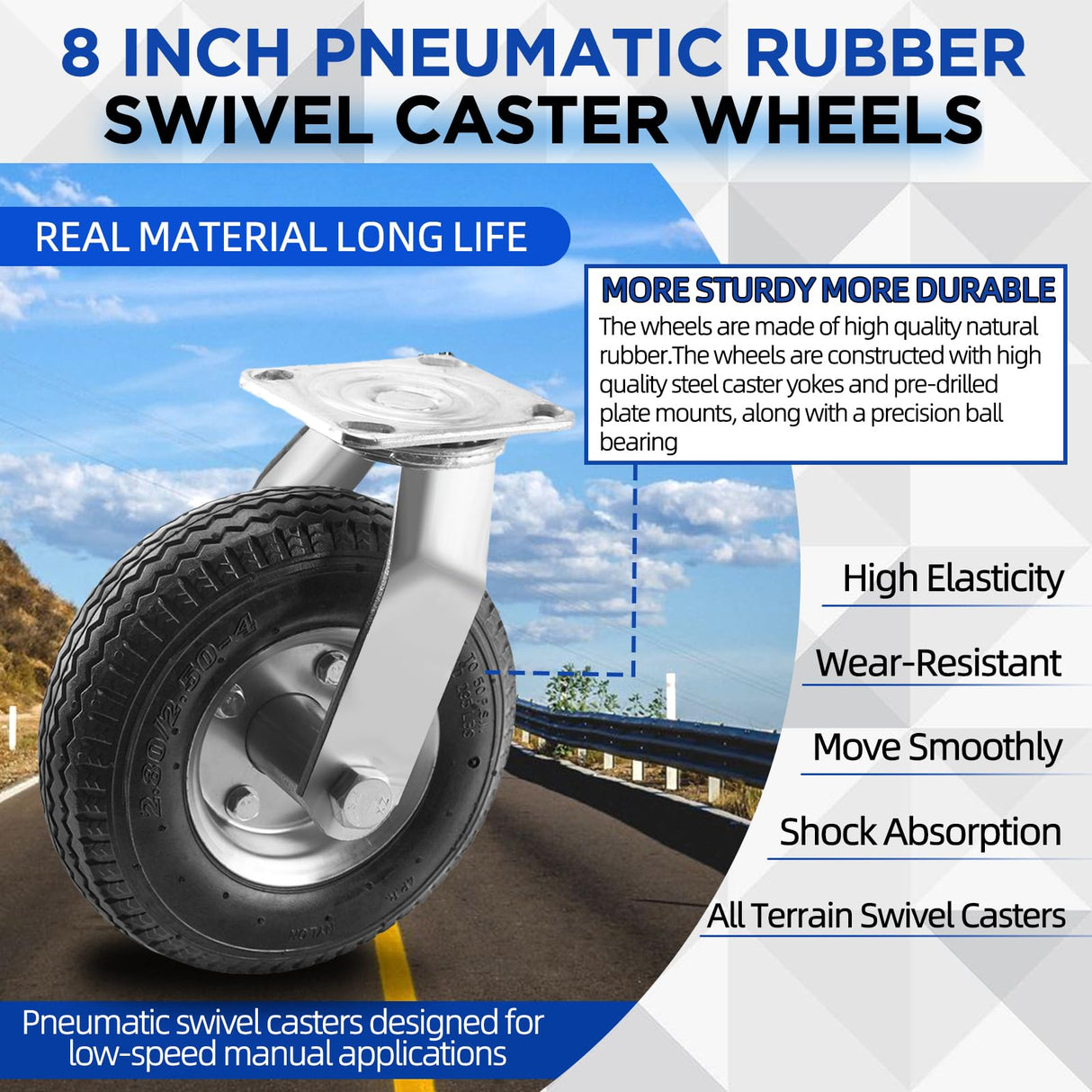 RRQ 8 Inch Caster Wheels, Pneumatic Swivel Caster Wheels with Zinc Top Plate 360 Degree Rotation for Cart, Dolly, Trolley, Workbench and Wagon, Black Rubber Wheels, 590 Lbs Total Capacity (2 Pack) RRQ