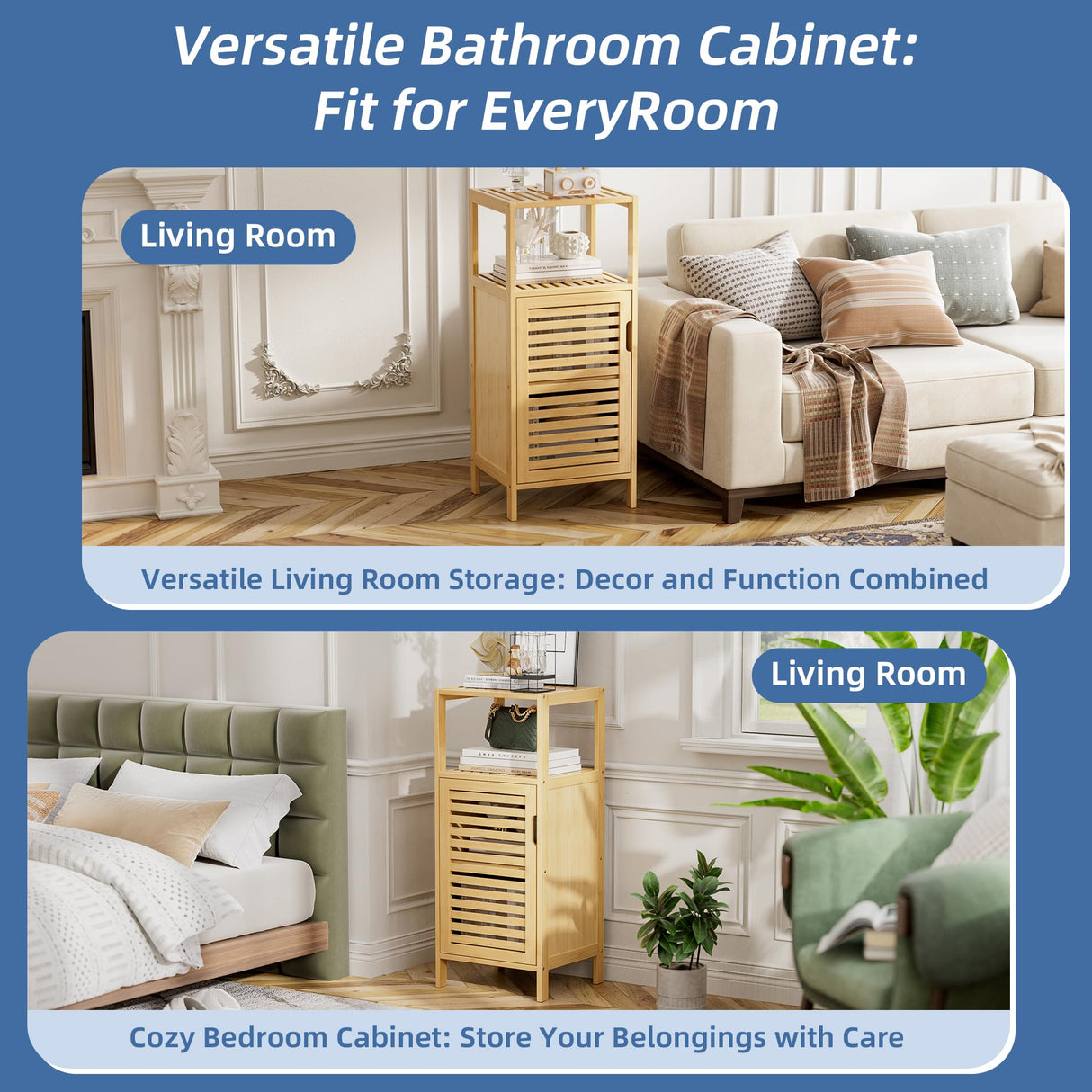 HITNET Bathroom Cabinet Freestanding, Small Bamboo Floor Cabinet, 4 Tier Single Door Sofa Side Table Storage Organizer, Space Saving Kitchen Cupboard, Natural HITNET