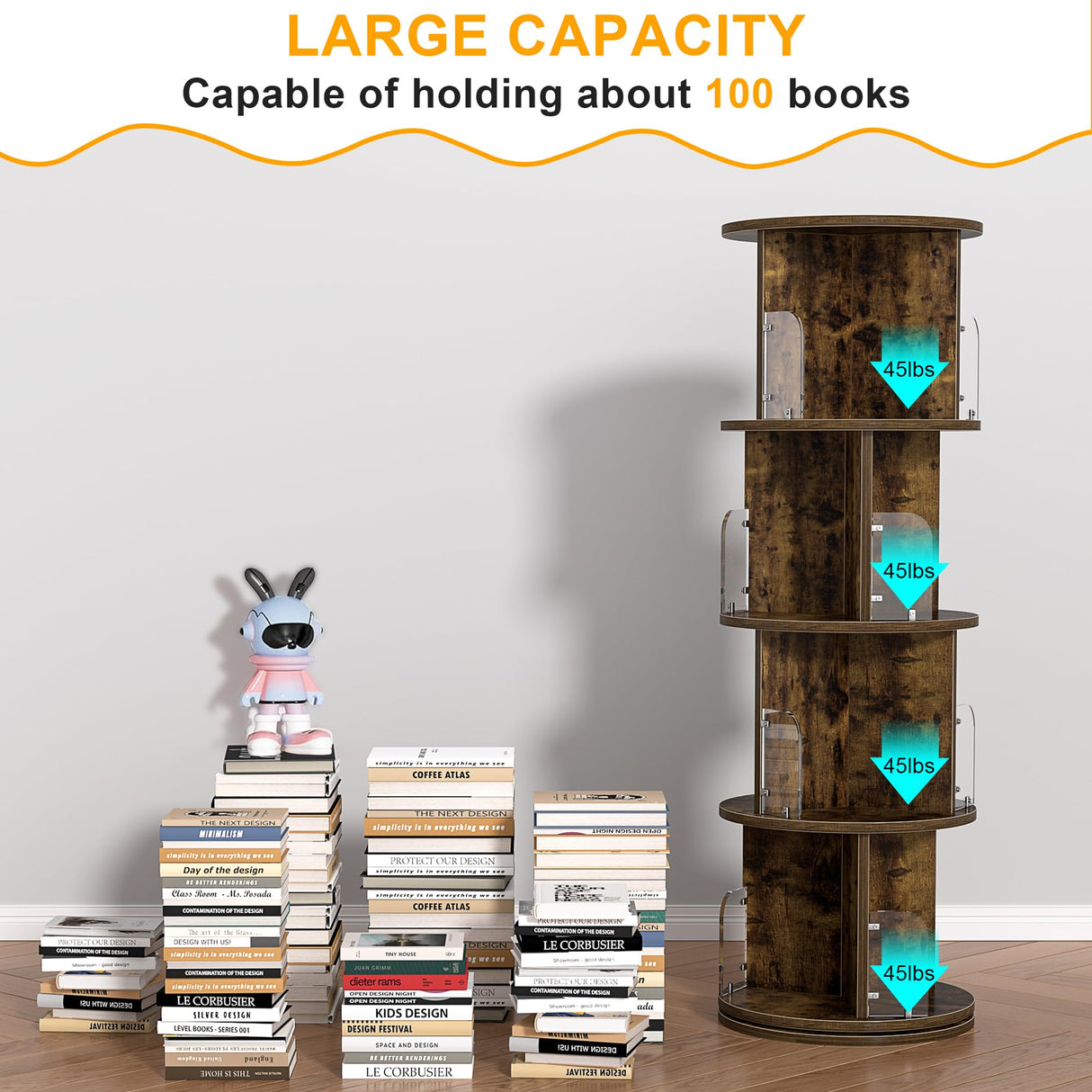 VECELO 4 Tier Revolving Bookshelf Tower, 360° Display Floor Standing Storage Rack with Acrylic Visible Window Partition for Bedroom, Living Room Home and Office, Brown VECELO