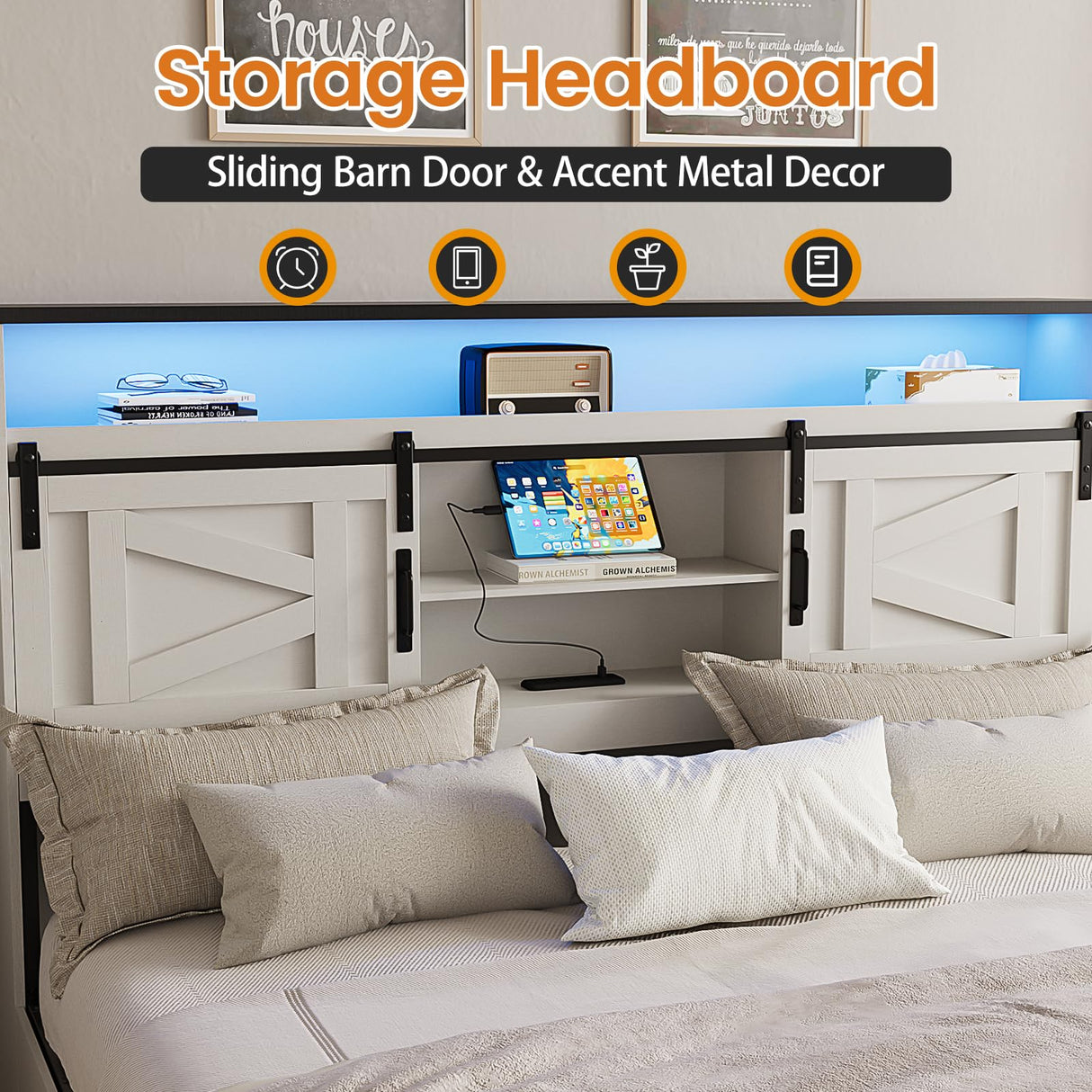 Fameill Farmhouse Queen Size Bed Frame with Headboard and Storage Ottoman, Sliding Barn Door & 4 Drawers, LED Lights and Charging Station, No Box Spring Needed, Antique White Fameill