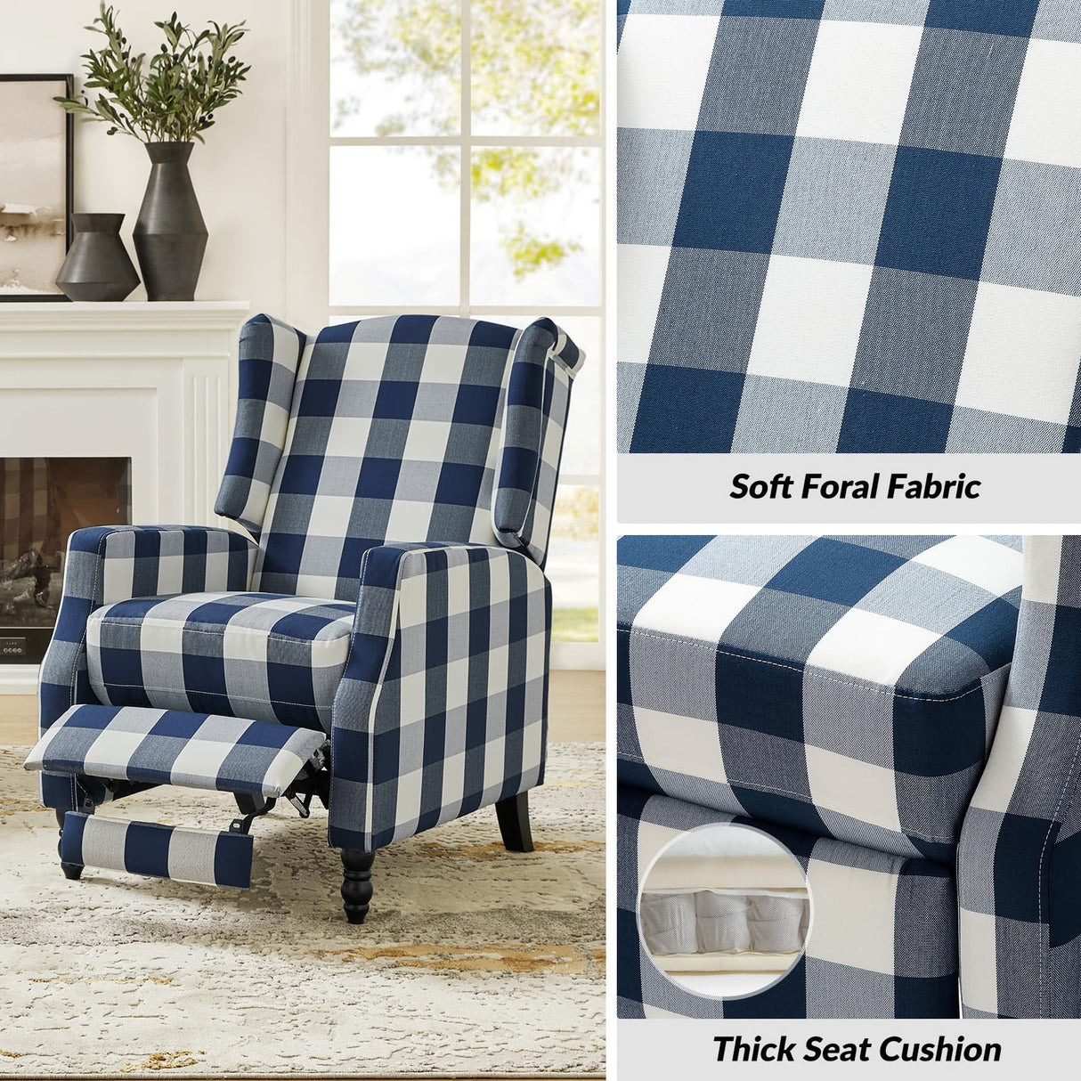 Upholstered Wingback Recliner Chair, Traditional Push Back Recliner Sofa, Mid Century Modern Lounge Armchair for Living Room, Home Theater Accent Chairs Recliners Couches (Navy) TINA'S HOME