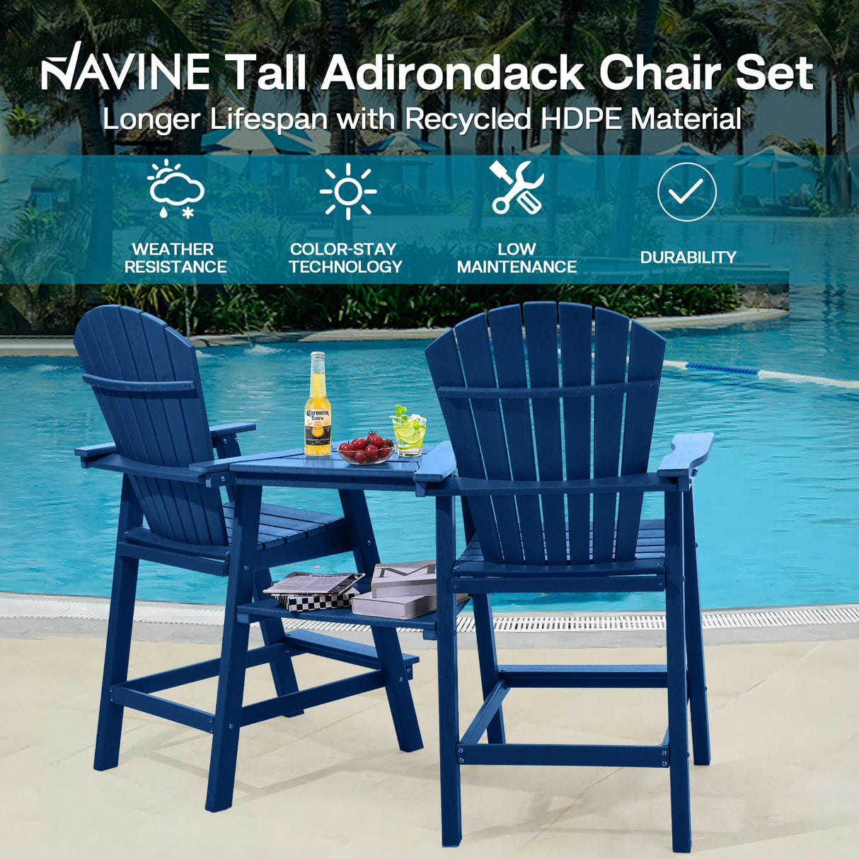 NAVINE Tall Adirondack Chairs Set of 2, HDPE Balcony Chair with Double Connecting Tray, Weather Resistant Outdoor Adirondack Bar Stools for Patio, Deck, Patio, Backyard, Balcony.(Navy Blue) NAVINE