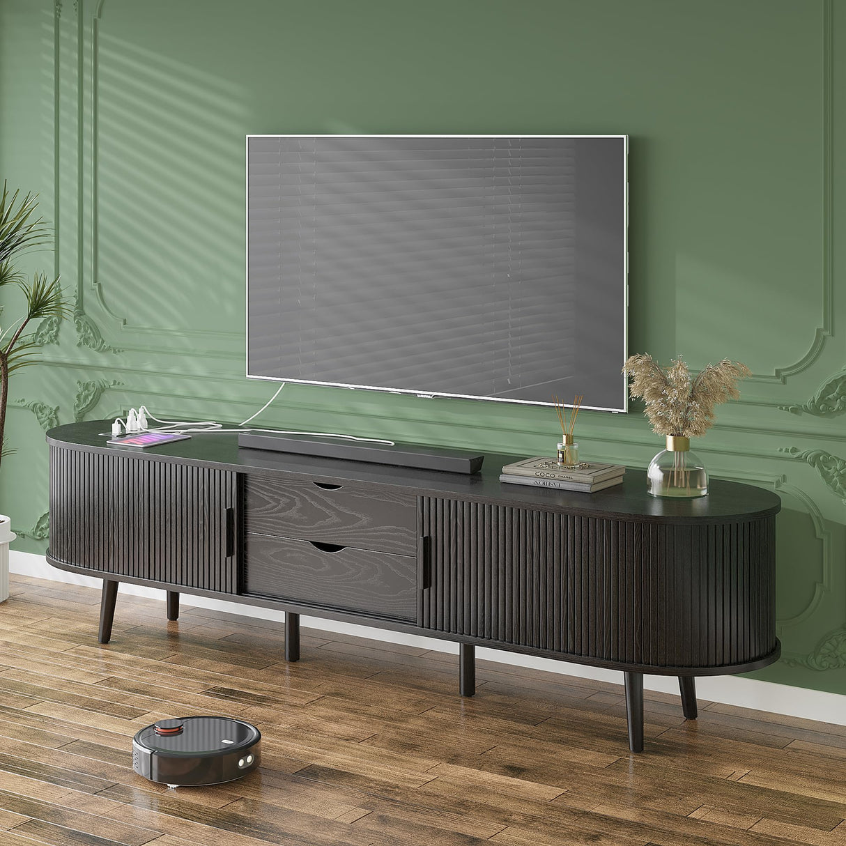 Mid Century Modern TV Stand for 75/65/55 inch TV, Farmhouse TV Stand with Charging Station, Fluted Entertainment Center with Storage and Sliding Doors, TV and Media Consol for Living Room, Black, 69" Syvella