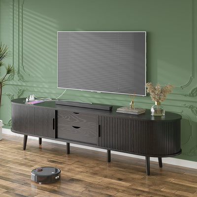 Mid Century Modern TV Stand for 75/65/55 inch TV, Farmhouse TV Stand with Charging Station, Fluted Entertainment Center with Storage and Sliding Doors, TV and Media Consol for Living Room, Black, 69"