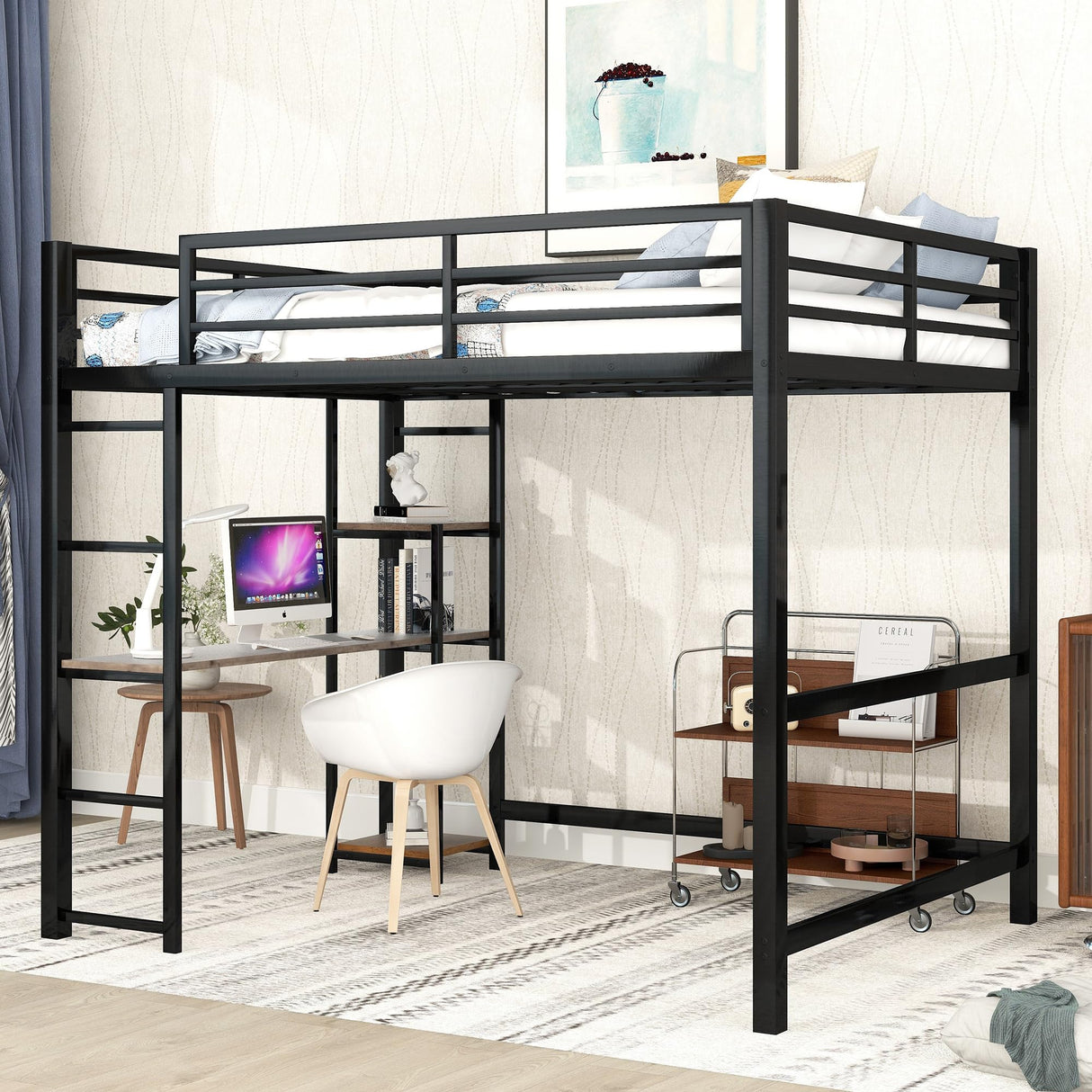 Bellemave Black Metal Loft Bed with Desk and Storage Shelves for Kids and Teens Bellemave