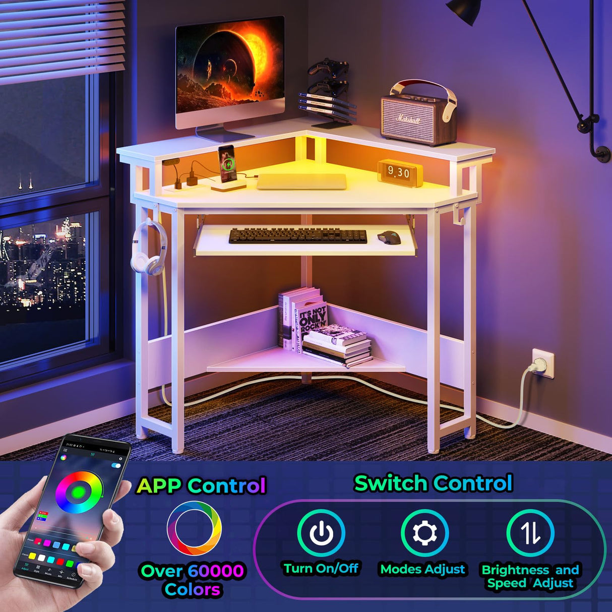 Rolanstar Corner Desk, 44.5"W x 34.5"H Small Computer Desk with Power Outlets & LED Lights, Triangle corner computer desk with Keyboard Tray & Monitor Stand for Small Space, Small Office Desk, White Rolanstar