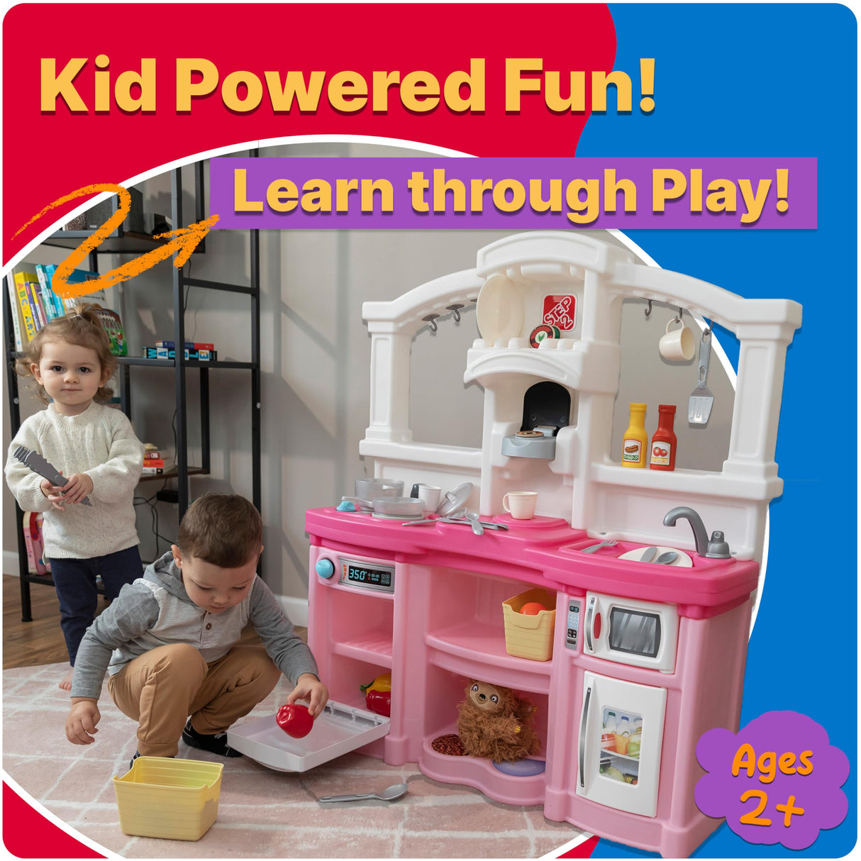 Step2 Fun with Friends Kids Kitchen Playset, Indoor/Outdoor Kitchenette, Interactive Play with Lights and Sounds, Durable Plastic, Includes 25 Piece Toy Accessories, Toddlers 2+ Years Old, Pink Step2