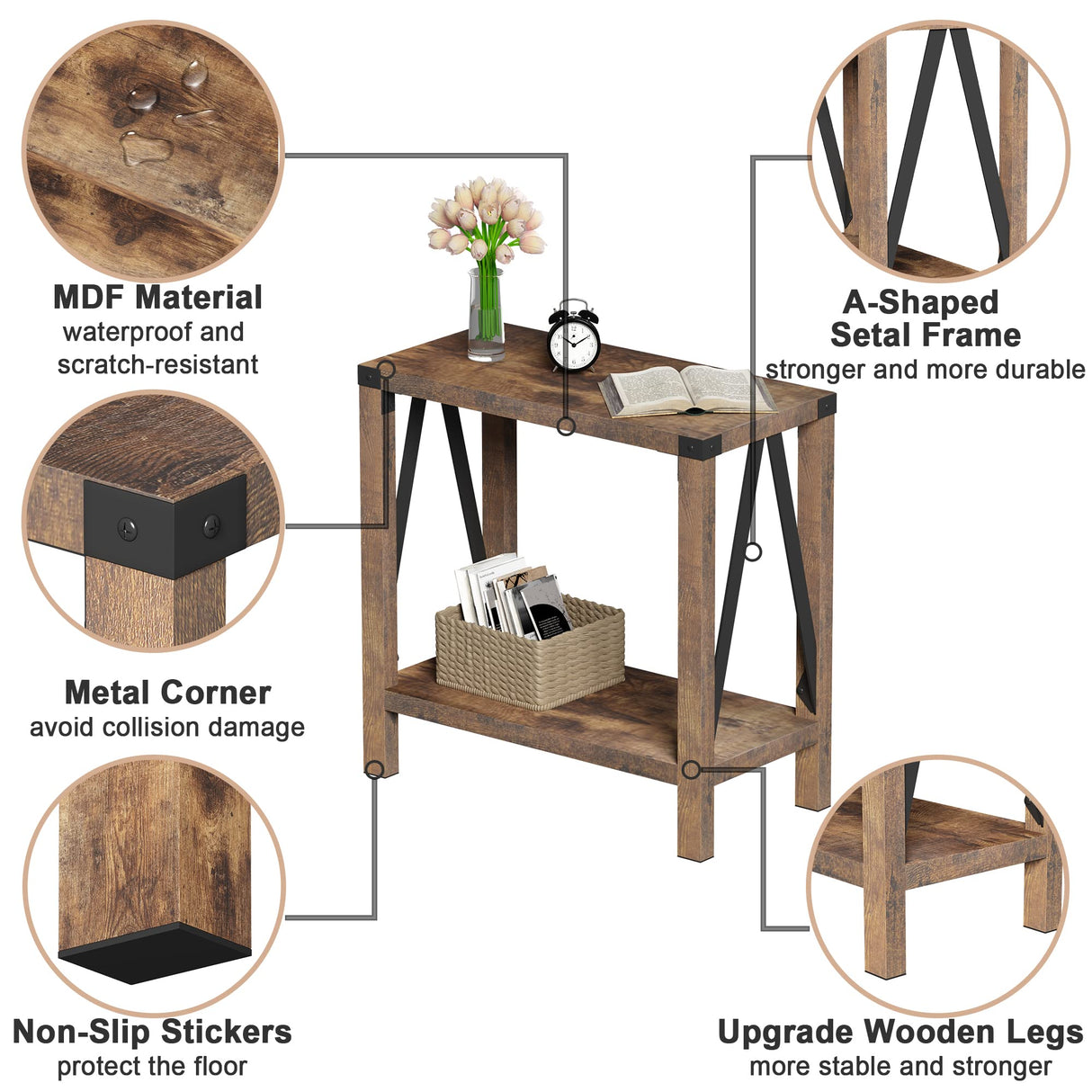 ChooChoo Farmhouse End Table for Small Spaces, Narrow Side End Table with Storage Shelf, Rustic A-Design Nightstand Sofa Table for Living Room, Bedroom (Rustic Brown) 2 Pack ChooChoo