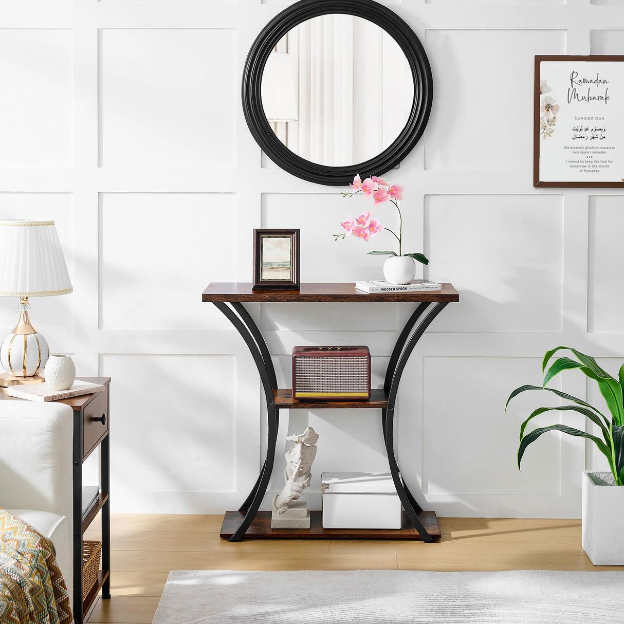 Hoctieon 3 Tier Console Table with Open Wood Shelves, Decorative Entryway Table with Curved Metal Frames, Narrow Sofa Table for Entrance, Living Room, Hallway, Rustic Brown+Black Hoctieon