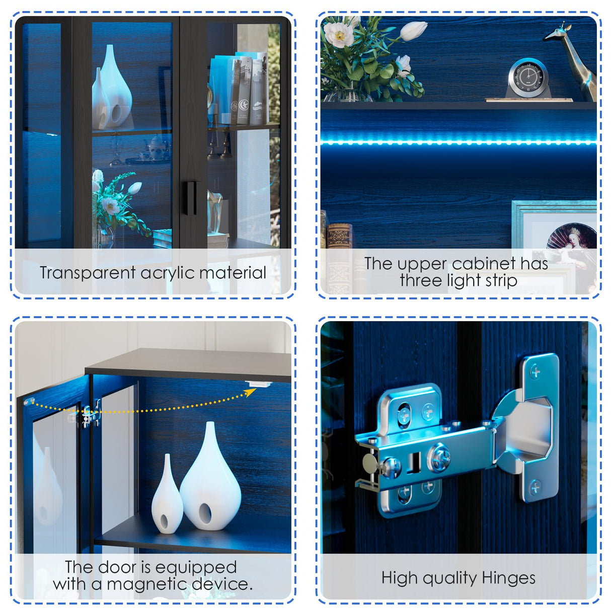 BROTTAR Display Cabinet with Glass Doors, Curio Cabinet with 3 Shelves, Bookcase with LED Lights, Storage Cabinet with Magnetic Lock & Buffer Hinge BROTTAR