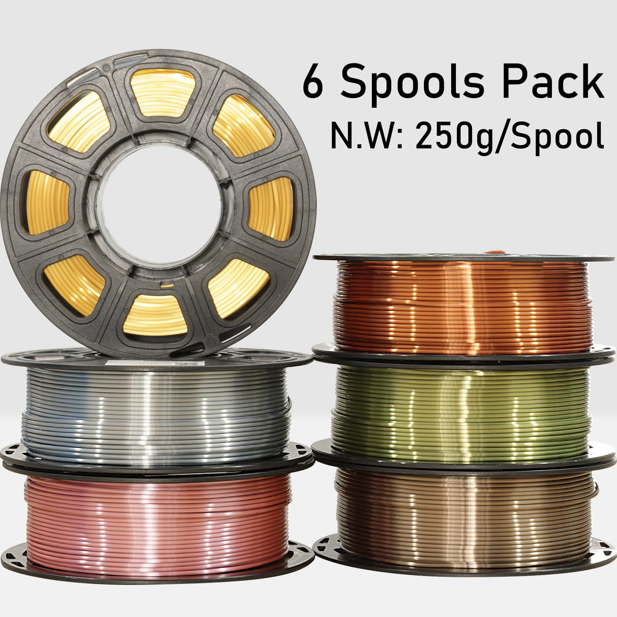 MIKA3D 6 Spools 1.75mm Silk PLA 3D Printer Filament Bundle, 6 Metallic Shiny Colors: Gold/Silver/Copper/Bronze/Coffee Gold/Rose Gold, Each Spool 250g X 6 Spools, Total 1.5Kg 3D Printer Material MIKA3D