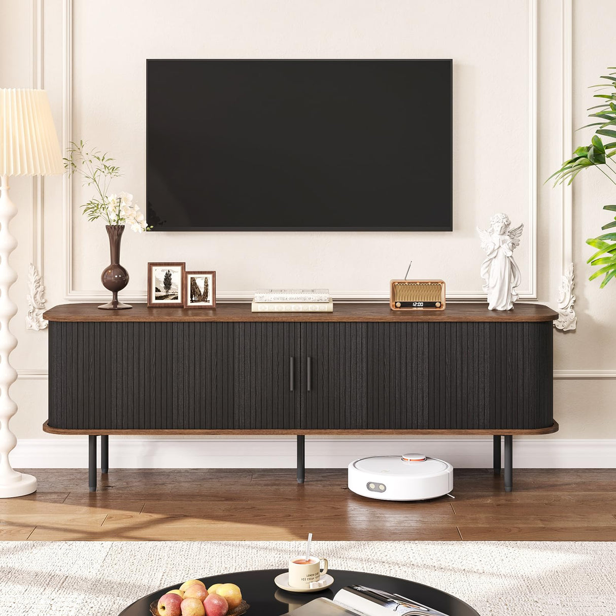63" Modern Fluted TV Stand for TVs up to 75 Inch , Gaming Entertainment Center with Tambour Slatted Sliding Doors and Storage Cabinet, Media TV Consoles Table for Living Room, Office, Black FiveWillowise
