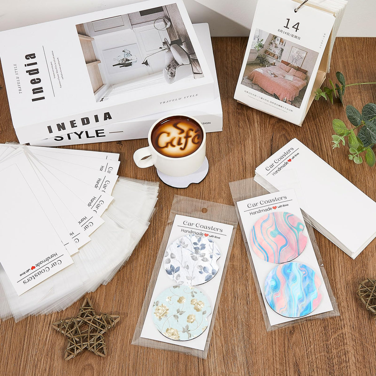 Tioncy 400 Pcs Sublimation Car Coaster Blank Set, 200 Pcs 2.76'' Blank Sublimation Coaster 100 Self Adhesive Bag 100 Sublimation Car Coaster Display Card for Thermal Sublimation DIY Craft (White) Tioncy