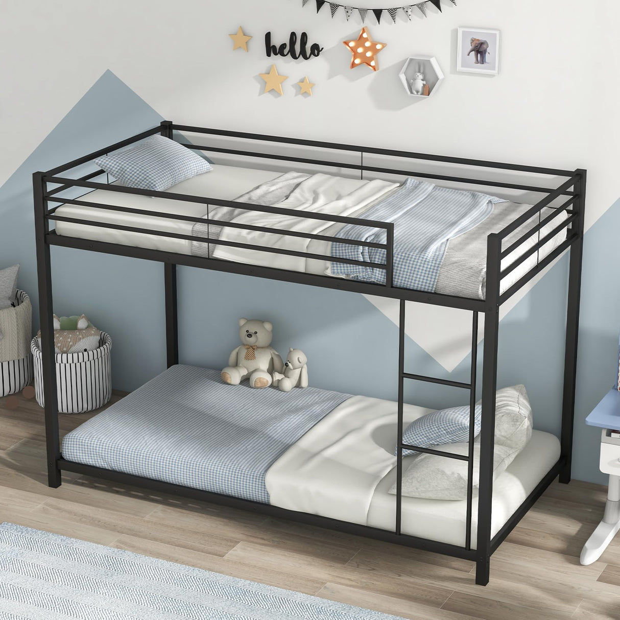 KOMFOTT Metal Low Bunk Bed Twin Over Twin, Heavy Duty Bunk Bed Frame with Ladder & Full-Length Guardrails, Metal Slatted Floor Bed Frame for Teens & Adults, No Box Spring Needed (Black) KOMFOTT