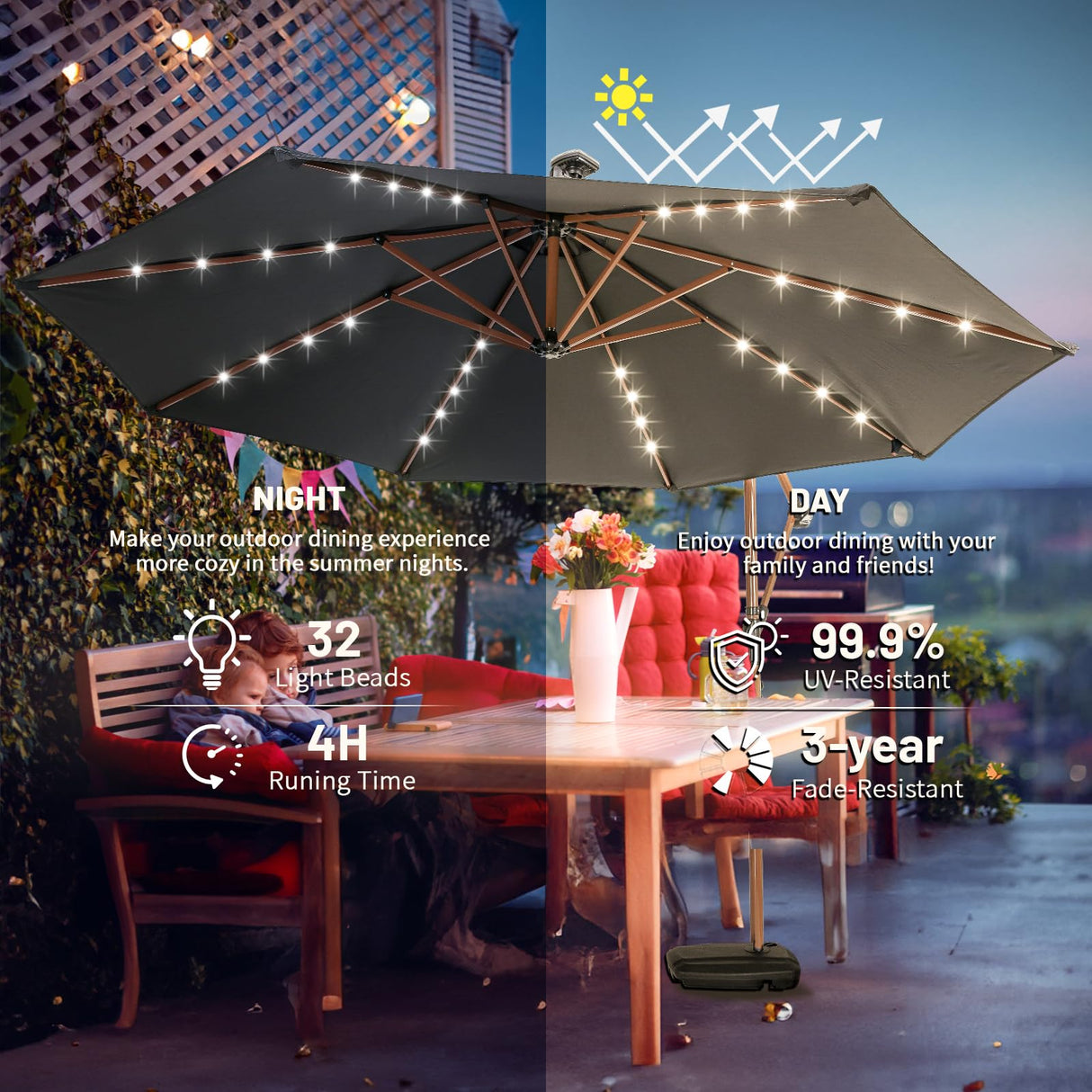 EchoSmile 10FT Solar Cantilever Patio Umbrella with 32 LED Lights and 8 Ribs, Cross Base, Tilt Adjustment, UV-resistant fabric for Deck, Pool, Garden, Backyard, Black EchoSmile