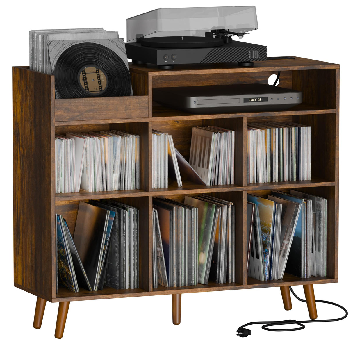 Cozy Castle Large Record Player Stand, Vinyl Storage Cabinet Mid Century Modern Turntable Stand Media Console Table Open Shelf Cube CD Album Holder Organizer for Living Room, Office, Rustic Brown Cozy Castle