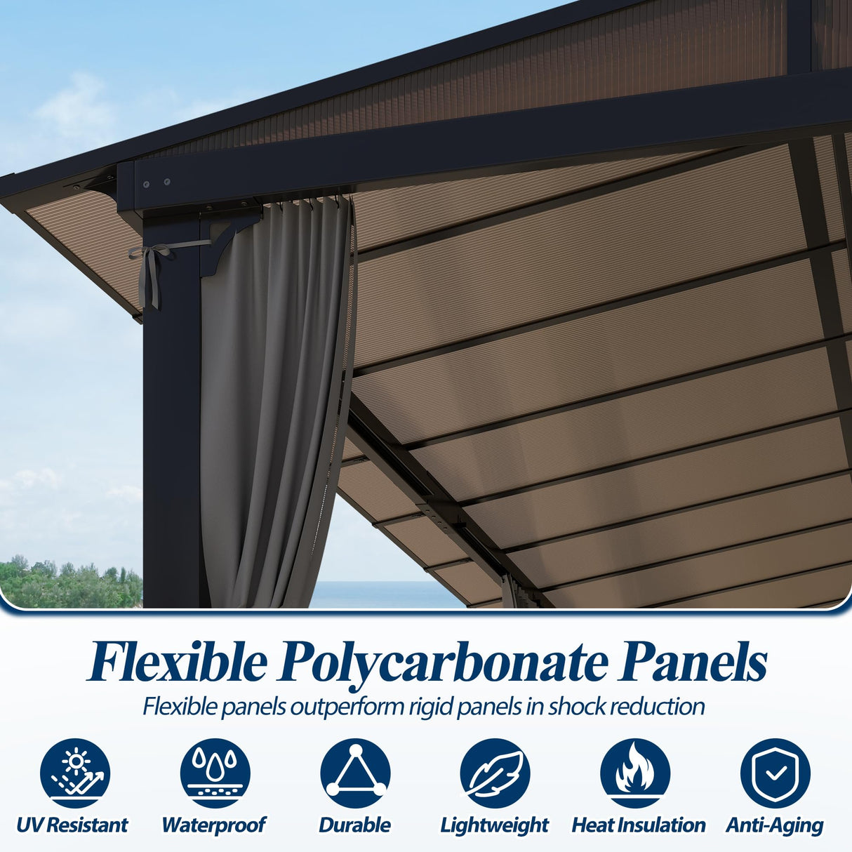 COVERONICS 12' X 20' Outdoor Polycarbonate Lean to Gazebo - Wall-Mounted Aluminum Frame Gazebo with Slope Hardtop, Patio Heavy-Duty Lean to Pergola with Netting & Curtains for Garden, Backyard, Deck COVERONICS