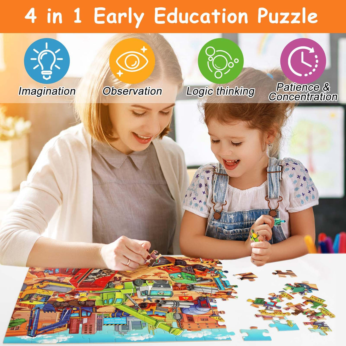 Large Piece Jigsaw Puzzles for Kids Ages 4-6 6-8 8-10 Year Old 100 Pieces Jigsaw Puzzles for Kids Construction Engineering Vehicle Puzzles Educational Toys Gift for Children Boys Girls Ages 4-10 TOCHILD