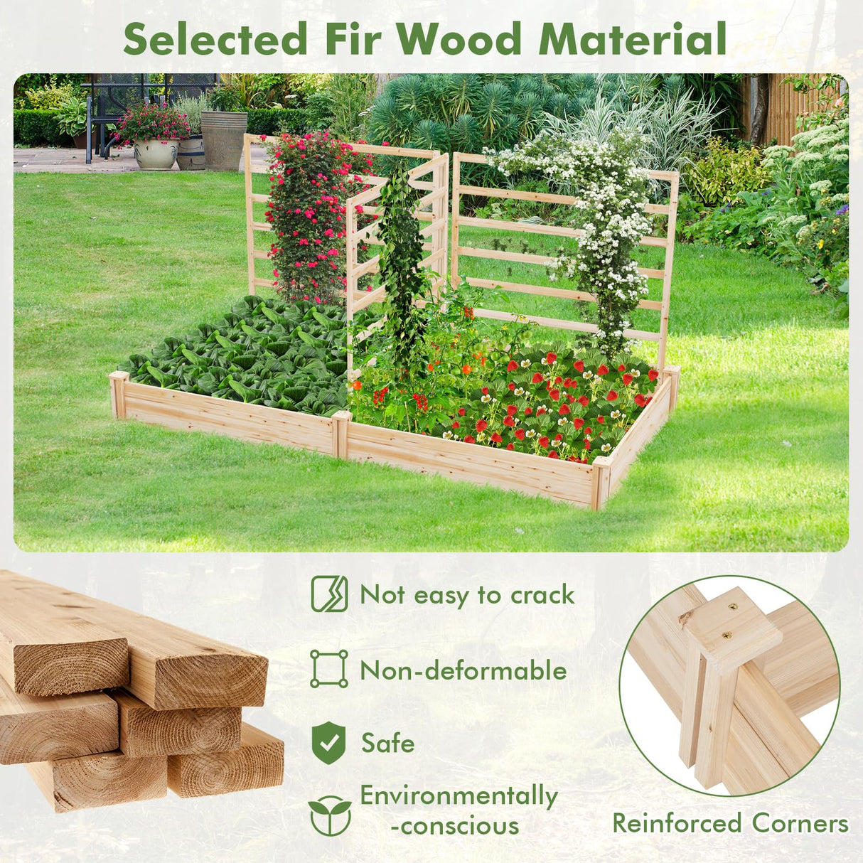 HAPPYGRILL Raised Garden Bed with 3 Trellises, Outdoor Wood Raised Bed w/ 2 Planter Boxes for Flowers, Vegetables, Fruits Climbing Vines, Elevated Garden Box for Yard Patio, 88" L x 45" W x 43" H HAPPYGRILL