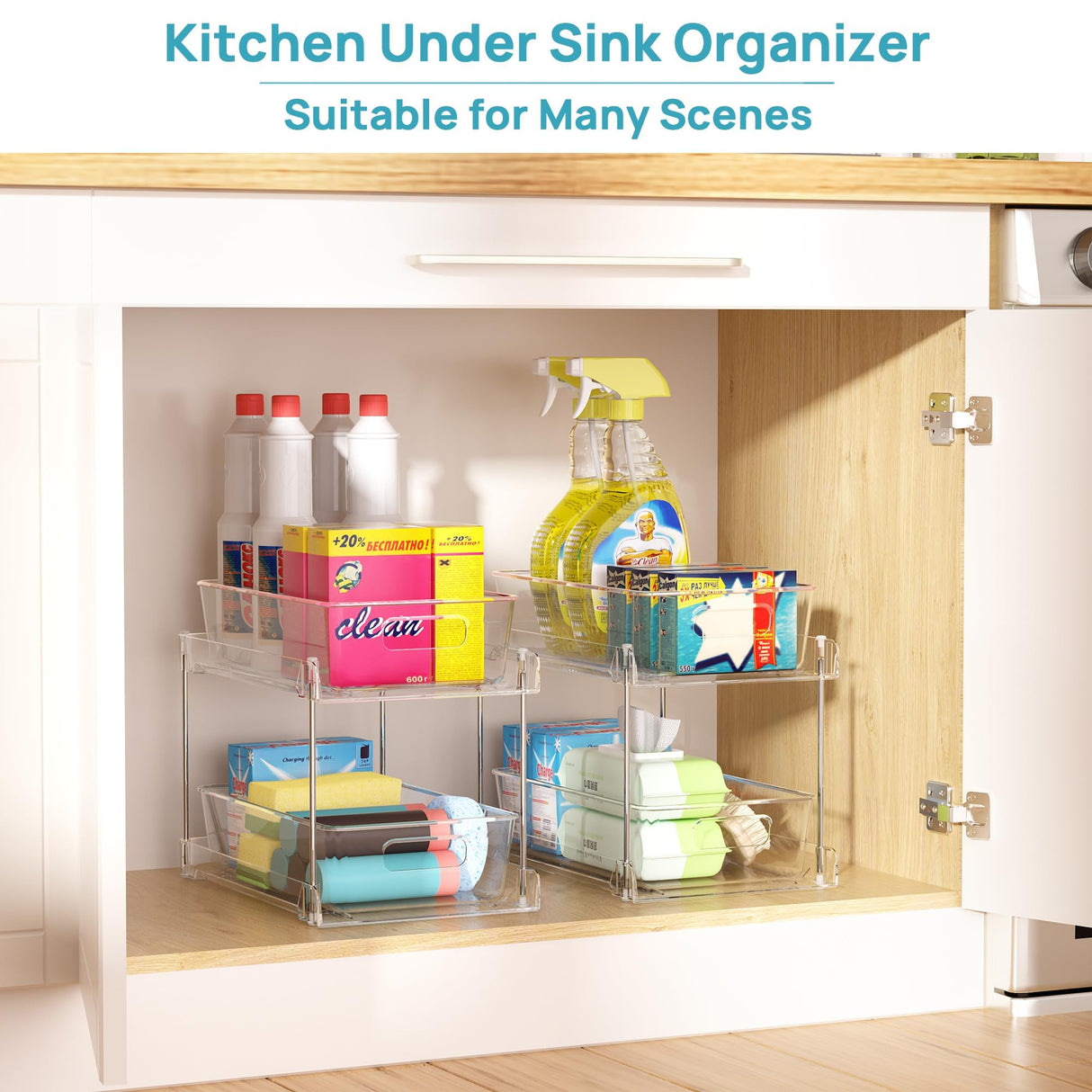 Vtopmart 4 Pack Bathroom Organizer, 2 Tier Clear Under Sink Organizers Vanity Countertop Storage Container,Cabinet Drawers Bins, Pull-Out Organization with Track for Pantry, Kitchen Vtopmart