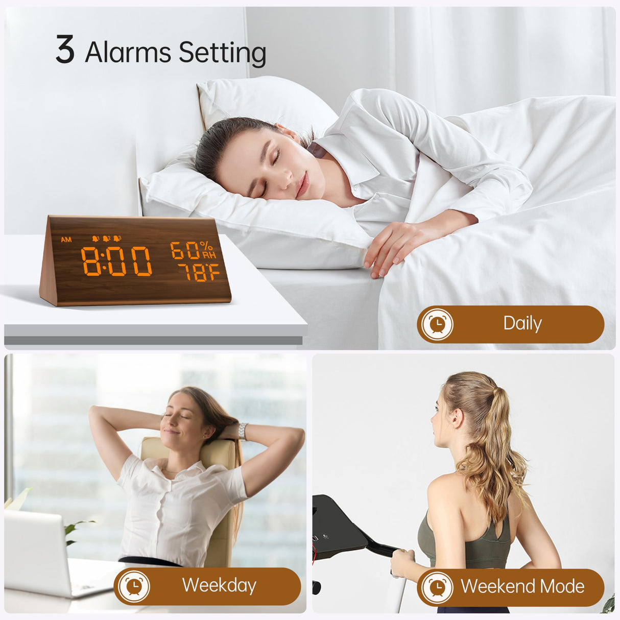 JALL Digital Alarm Clock, with Wooden Electronic LED Time Display, 3 Alarm Settings, Humidity & Temperature Detect, Wood Made Electric Clocks for Bedroom, Bedside (Brown) JALL