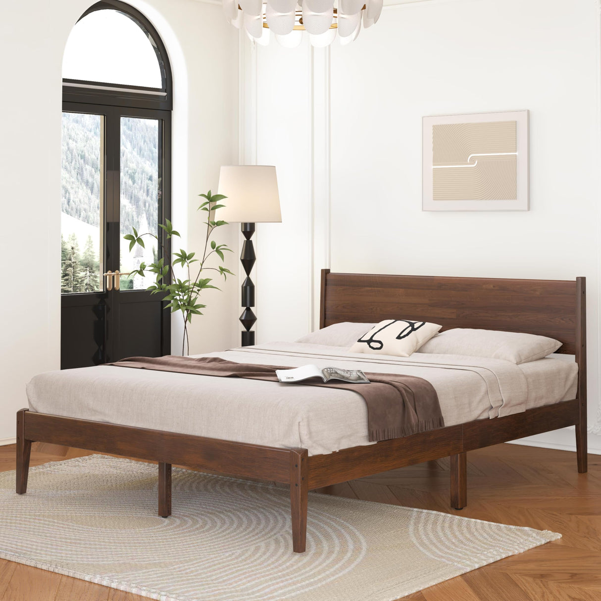 MORDEER Queen Size Bed Frame with Farmhouse Headboard, Malaysian Oak Queen Bed Frame No Box Spring Needed, Platform Bedframe with 12 Slats Support, Easy Assembly, Antique Espresso MORDEER