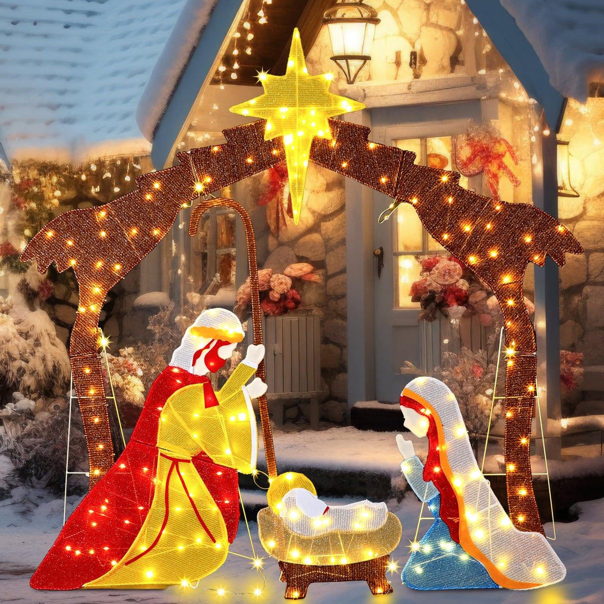 Tujoe Lighted Outdoor Nativity Scene Christmas Nativity Set with Yellow LED Lights Nativity Set Outdoor Christmas Yard Decorations Outdoor Christmas Holy Family Yard Decoration for Holiday Lawn Garden Tujoe