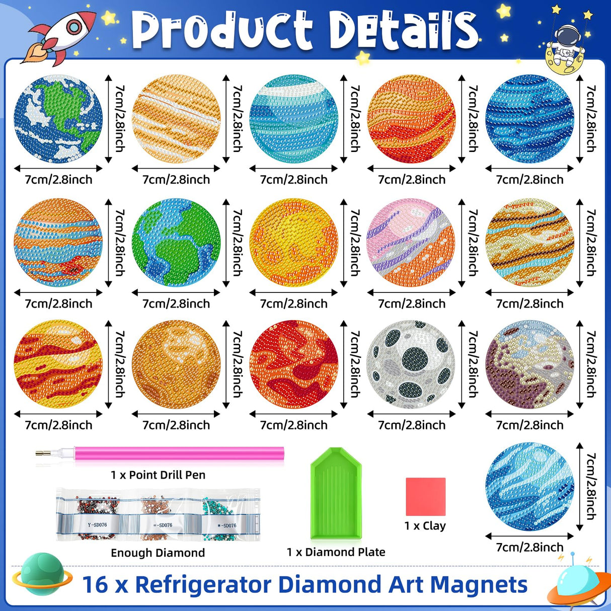 Saysurey 16 Pcs Diamond Art Magnet Kits Diamond Painting Refrigerator Magnets DIY for Adults Crafts Painting Stickers Kits for Gifts Home Decor (Planet) Saysurey