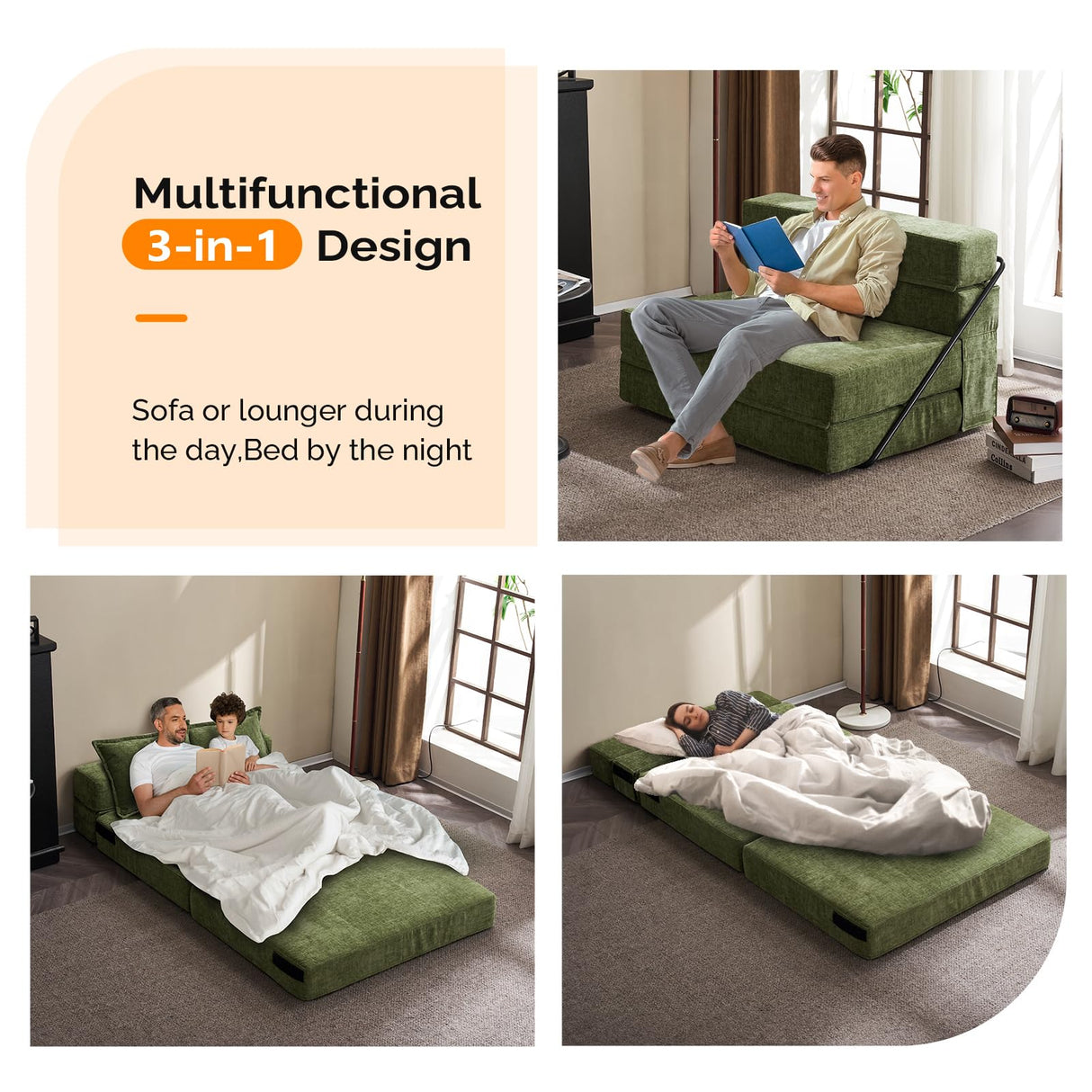 VINGLI Futon Sofa Bed Sleeper Sofa Chair Bed Floor Sofa Twin Small Couch Folding Mattress Couches for Living Room Floor Chair Freestanding RV Futon Couch for Indoor and Outdoor (Olive Green) VINGLI