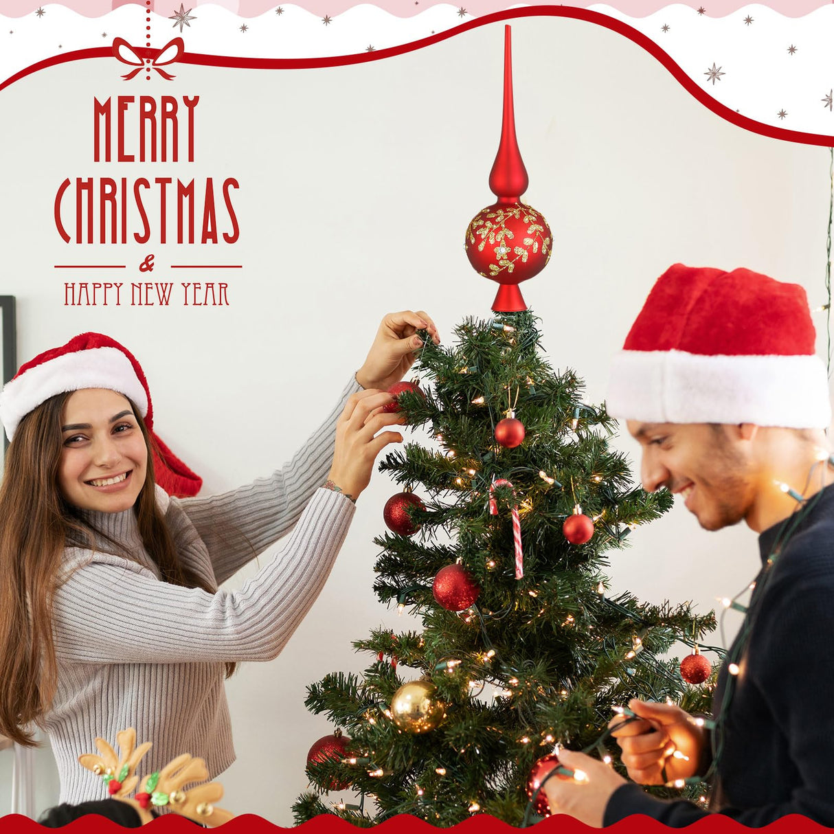 Gejoy Glass Christmas Finials Tree Topper Red Ornaments Spherical Blown Glass Xmas Tree Topper Finials with Carved Flowers Holiday Indoor Suitable for Party Decoration, 9.8inches Gejoy