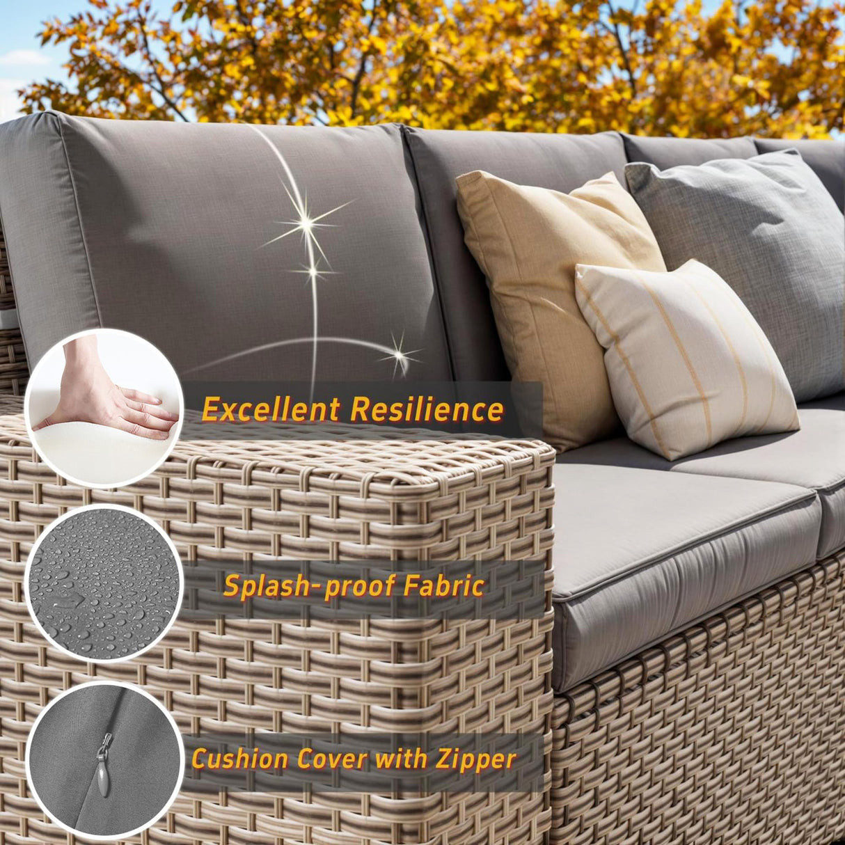 Aukreolis 6 Pieces Patio Furniture Set, Outdoor Sectional Wicker Sofa with Thickened Cushions and Coffee Table, High Back Rattan Patio Conversation Sets for Garden Backyard, Grey Aukreolis