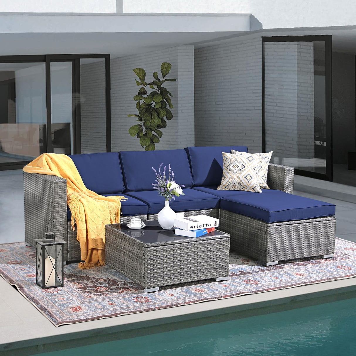 Super Patio Outdoor Patio Furniture Set, 5 Piece PE Wicker Outdoor Sectional Sofa Set, Rattan Patio Conversation Set with Cushions and Coffee Table for Garden, Backyard, Porch, Navy Blue Super Patio