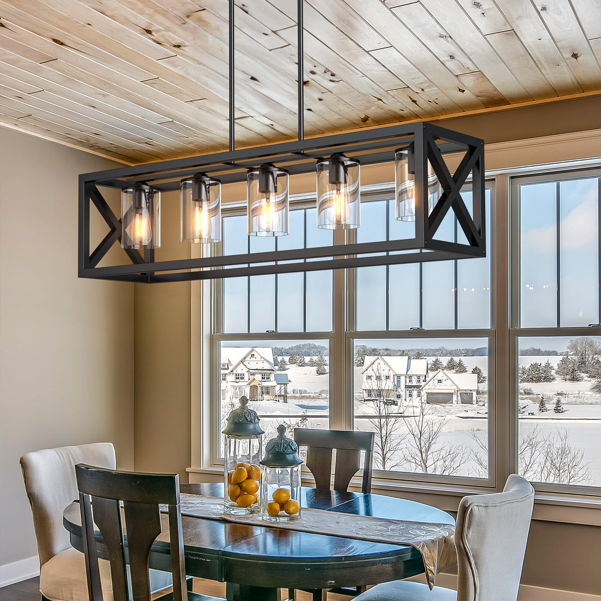 Espird Farmhouse Dining Room Light Fixture - 5 Light Matte Black Rectangle Light Fixture with Adjustable Height & Thickened Metal Dining Table Fixture Chandeliers for Dining Room&Kitchen Island Espird